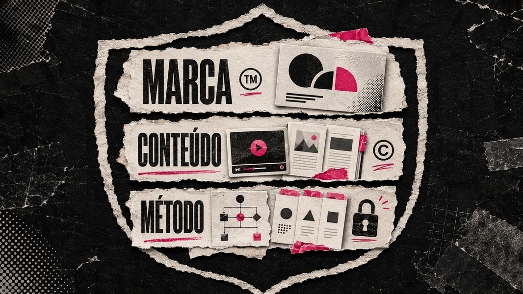 Ilustração mostrando as camadas de um infoproduto: Marca no topo, Conteúdo no meio e Metodologia na base