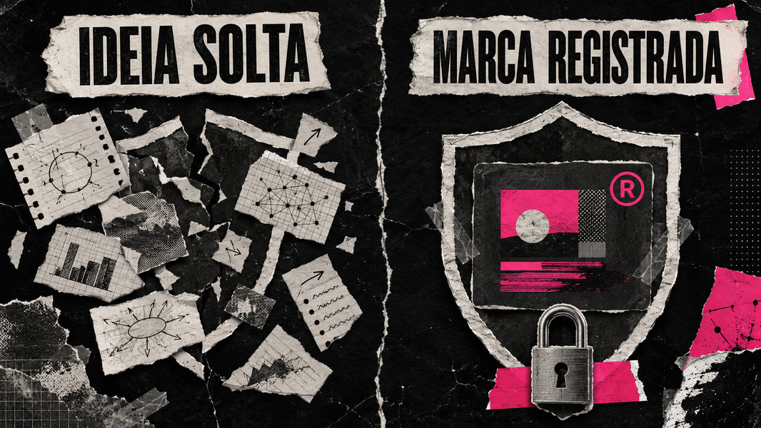 Imagem comparativa: Lado A "Ideia Solta" (sem proteção) vs Lado B "Marca Registrada" (com o R de registrado)