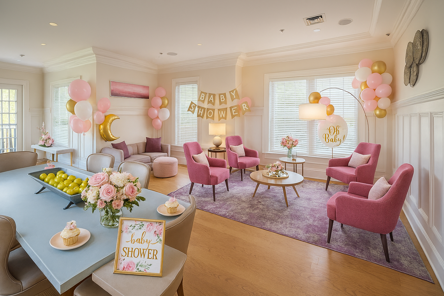 A beautifully arranged table features a variety of foods and snacks, celebrating a first birthday in a tastefully decorated indoor space.