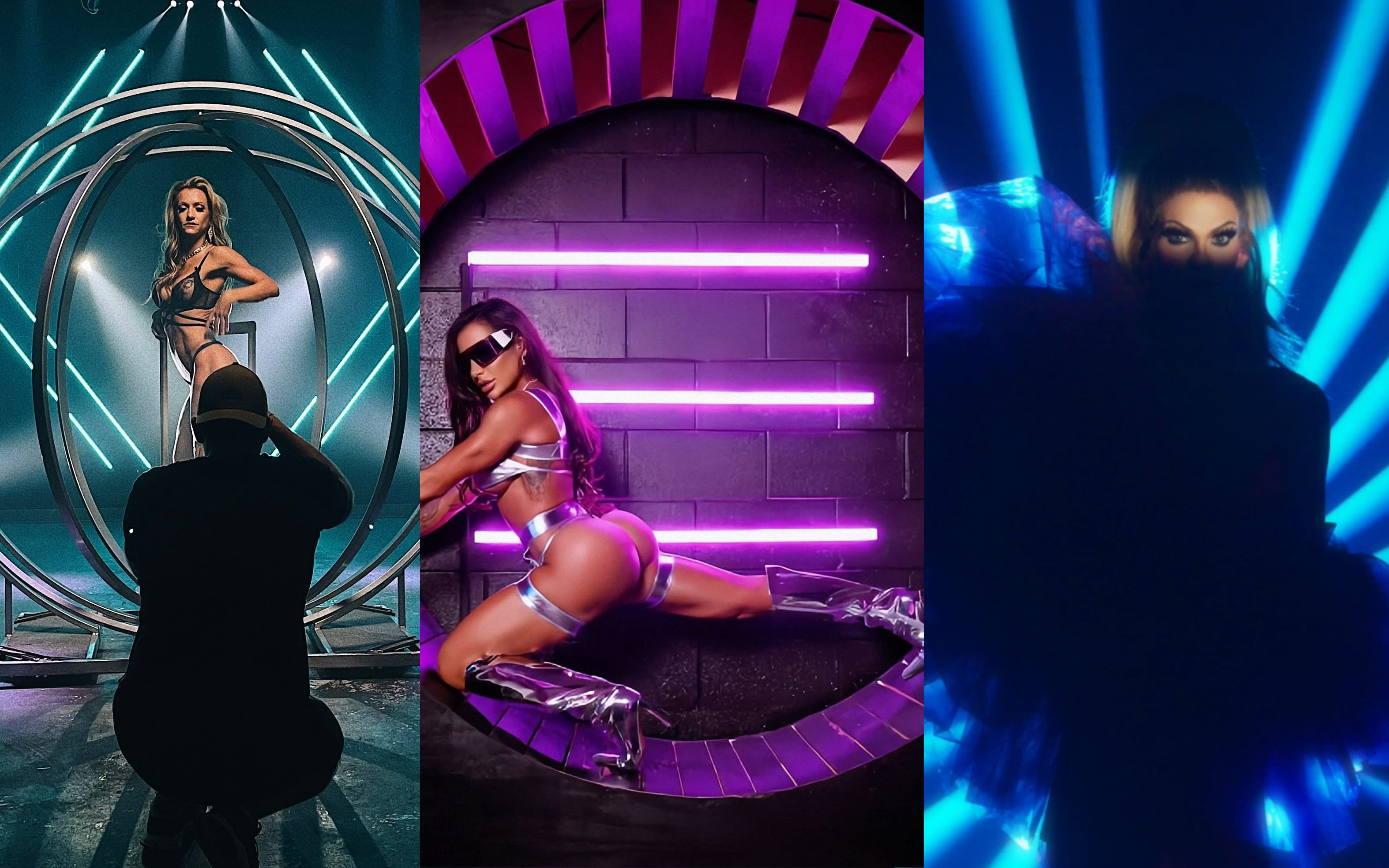 A drum set is positioned in a smoky warehouse environment, illuminated by colorful stage lights during a music video shoot.