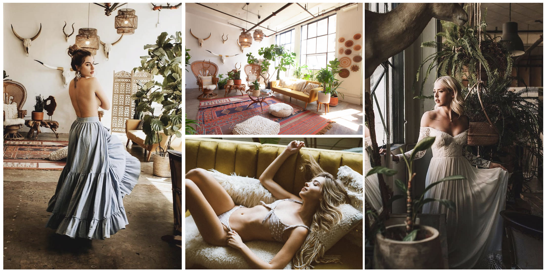A model poses on a patterned rug in a stylish indoor setting surrounded by plants and decorative furniture.