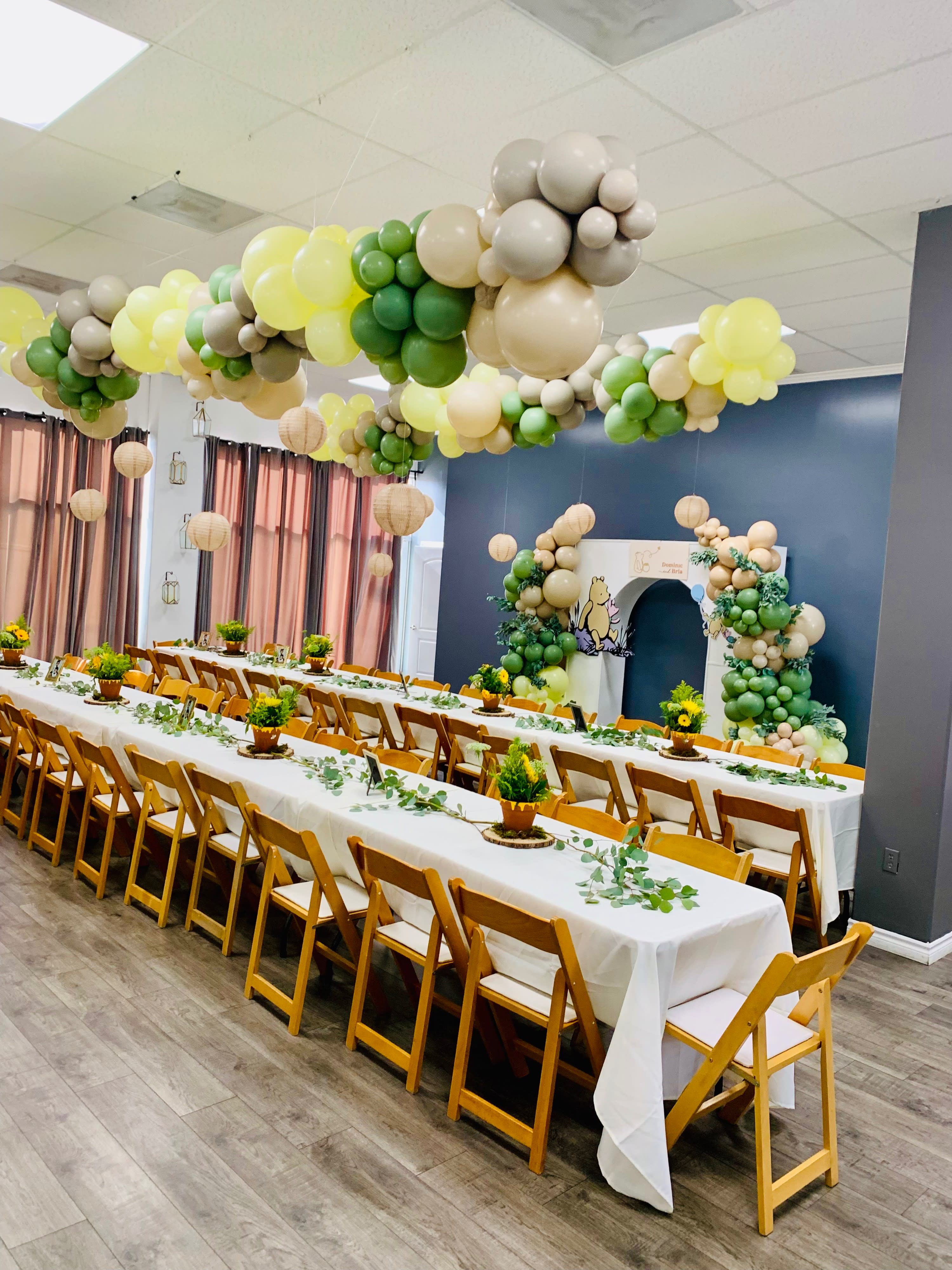 The image features a baby shower backdrop adorned with clusters of blue and green balloons, alongside a turtle illustration and text indicating a new arrival.