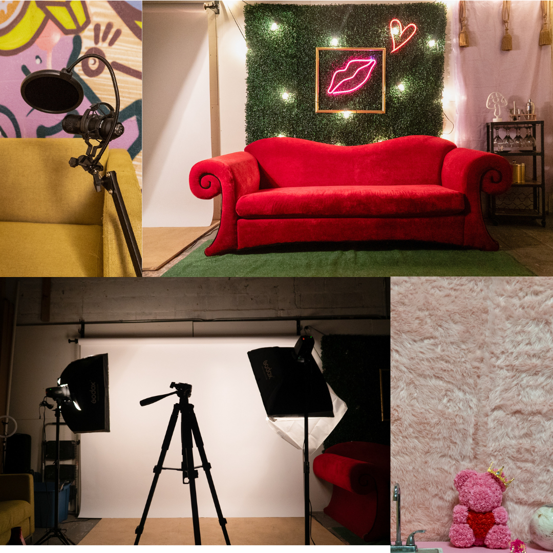 Five friends pose together on a red sofa at a birthday party, surrounded by festive decorations and bright neon lights.