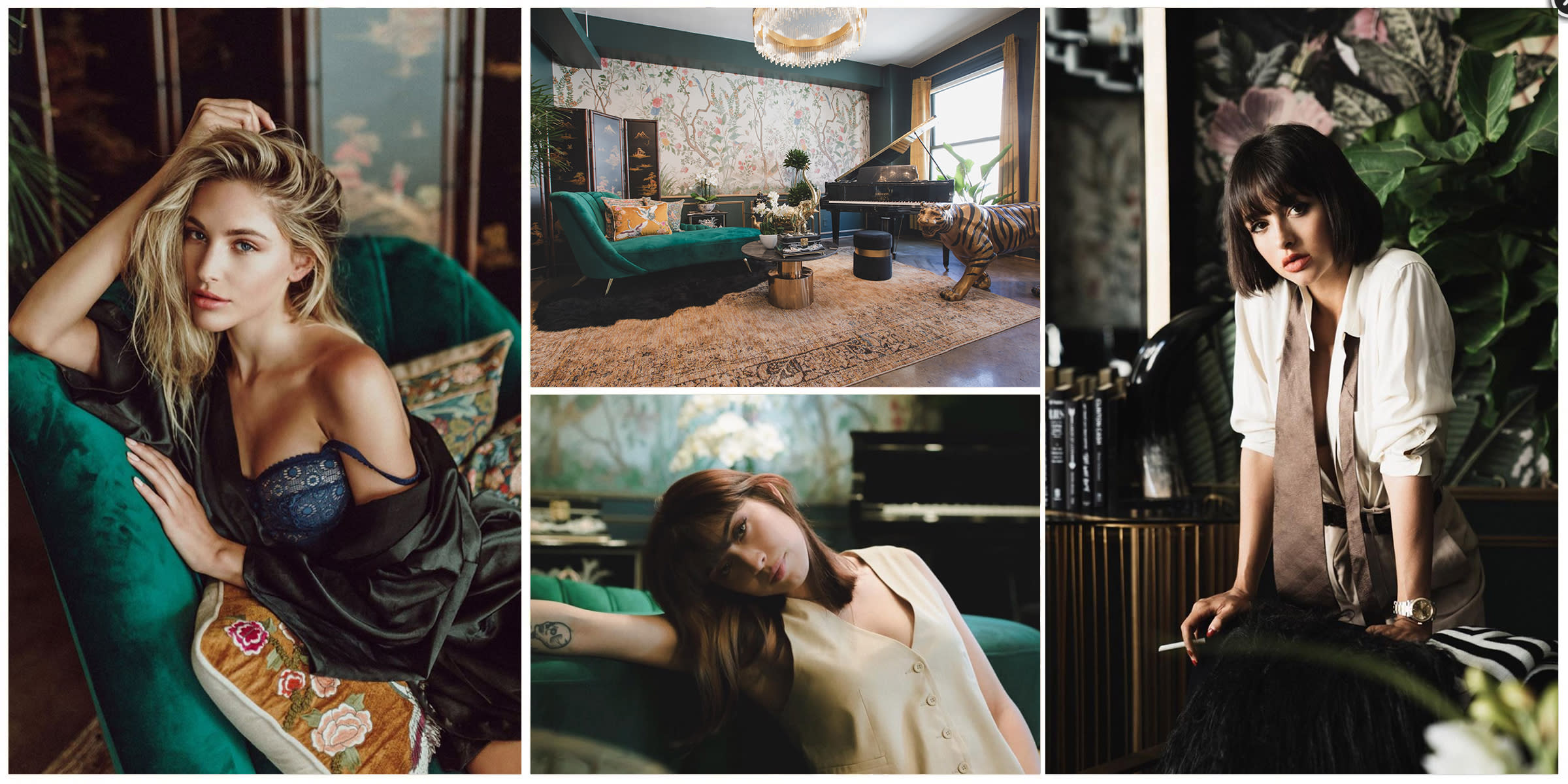 A model poses with a fan while seated on a lion statue next to a piano in a decorative interior setting.