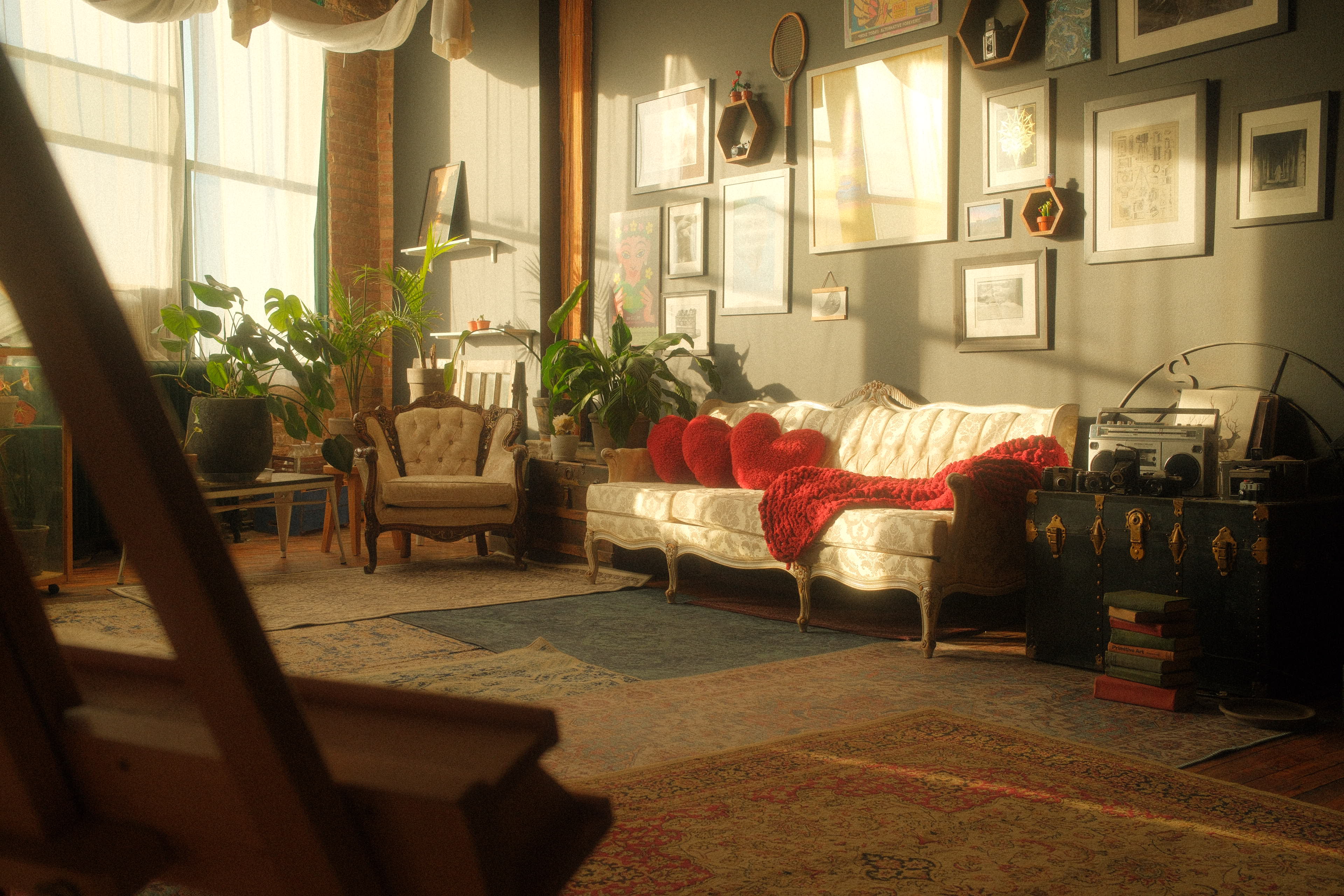 A man and woman relax together on a stylish sofa, surrounded by colorful flowers and a vibrant wall art piece.