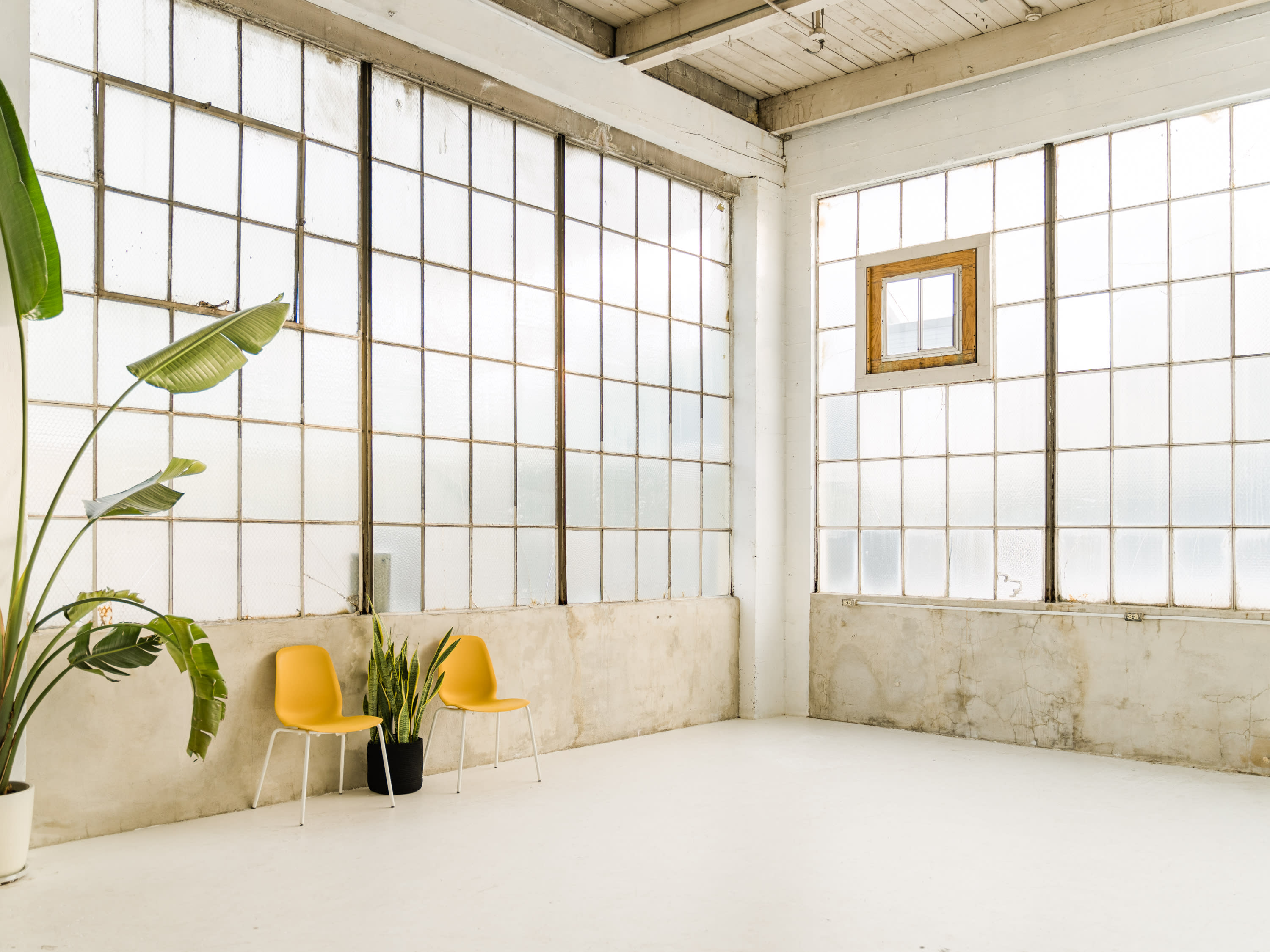 A video shoot takes place in an industrial space with large windows allowing natural light to fill the area, featuring a small white pedestal at the center.