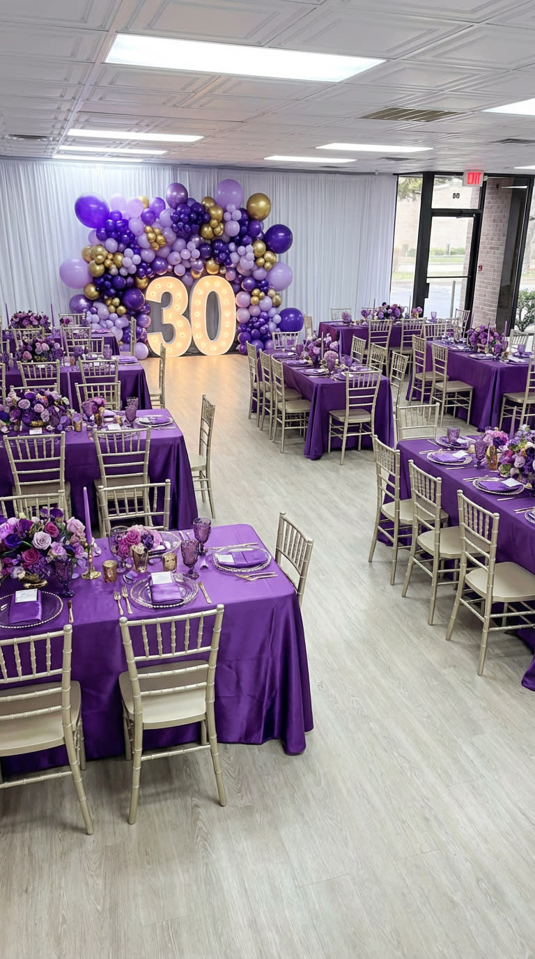 The tables are elegantly set with floral centerpieces and white tablecloths for an 80th birthday celebration.