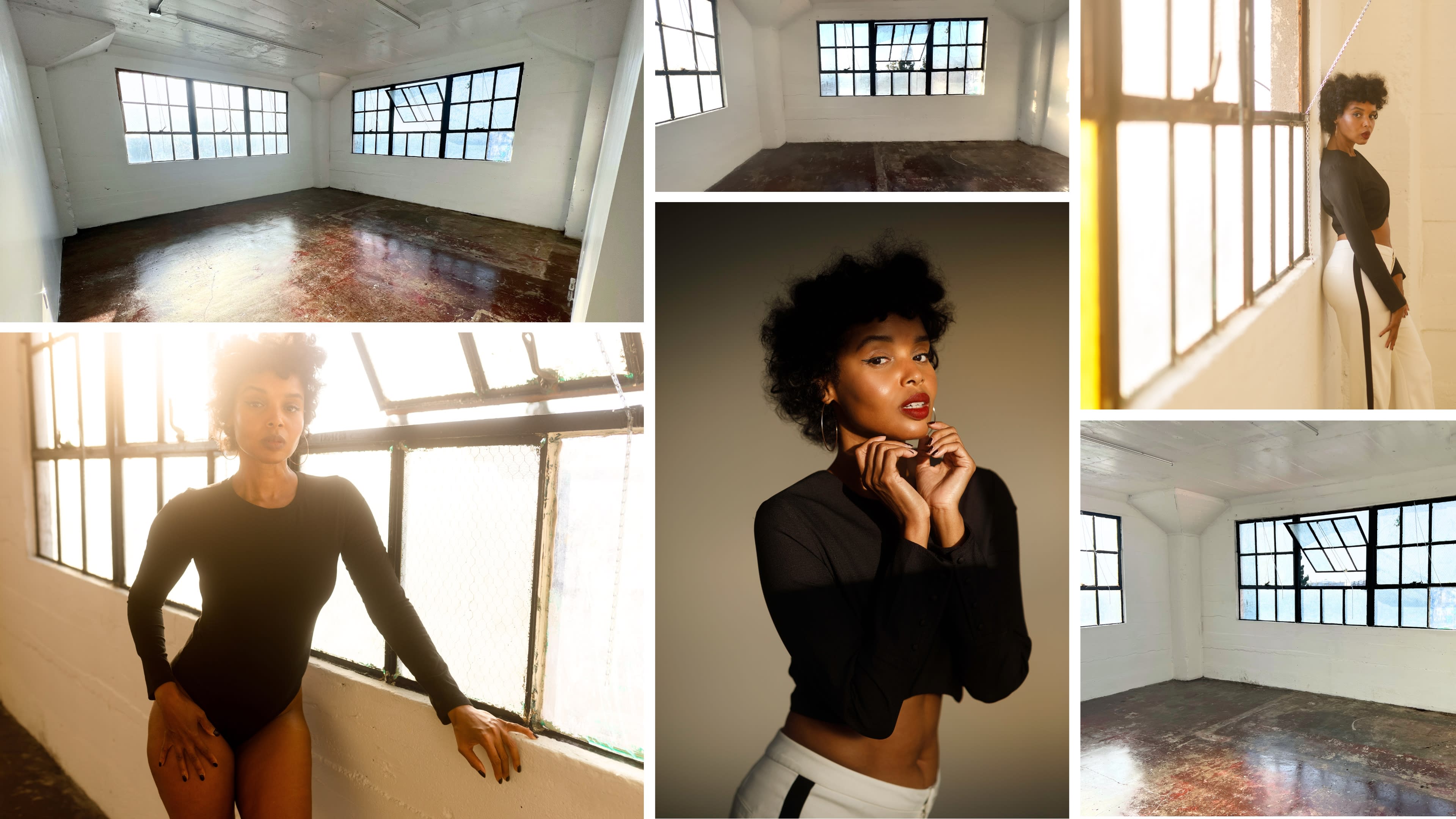 A dancer strikes a flexible pose while balancing on one leg in a brightly lit room with large windows.