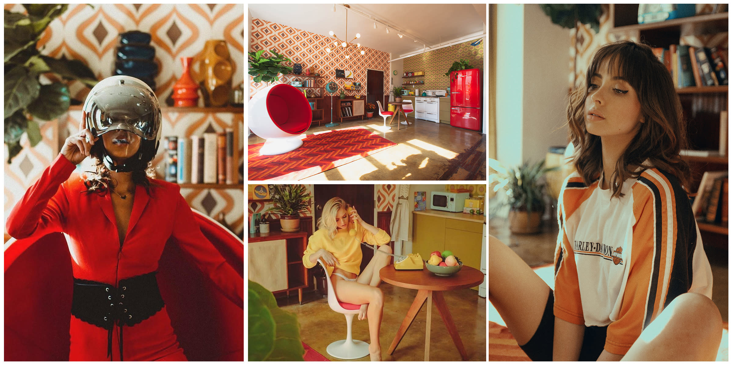 A model poses confidently in a retro-themed room, showcasing a vibrant outfit paired with tall black boots.