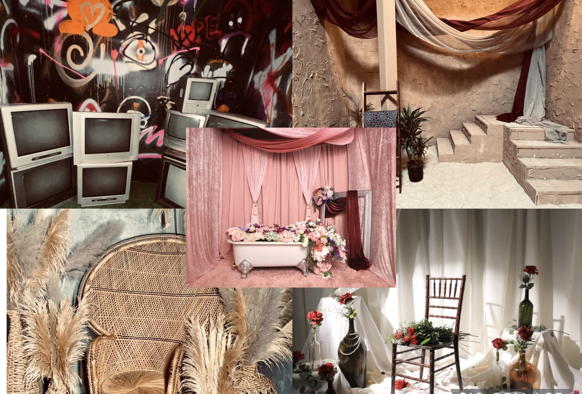 Five girls wearing matching outfits pose playfully on a set of stairs, framed by draped fabric and decorative plants.