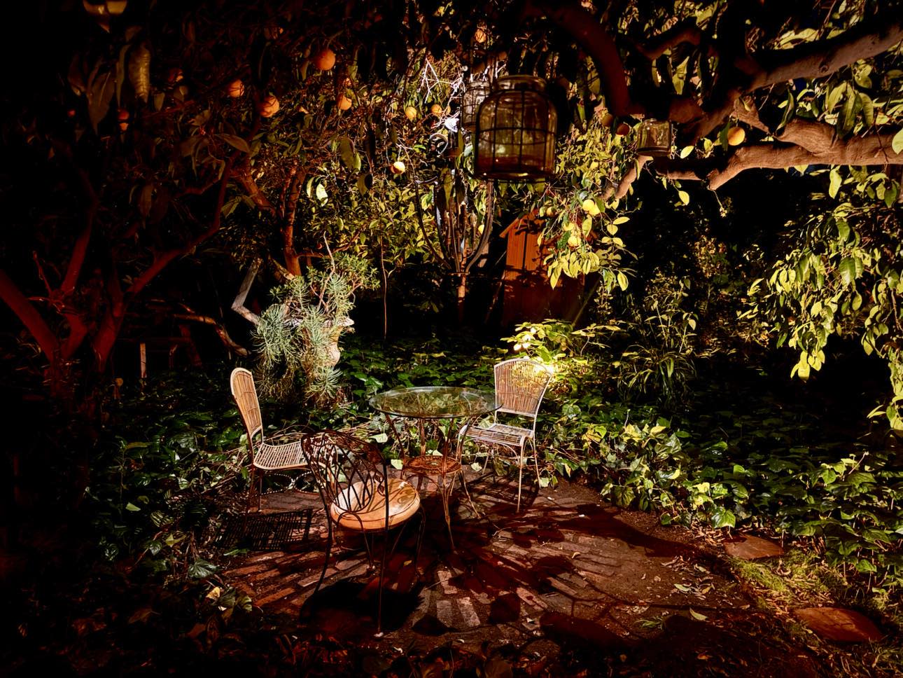 A group of women celebrate a birthday party at a decorated table filled with food and drinks in a garden setting.