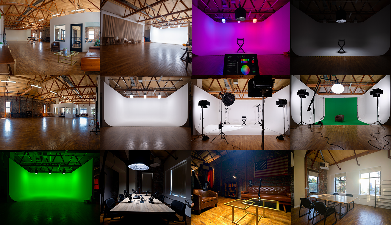 A photographer captures a model posing in a well-lit studio with a simple backdrop and various lighting equipment set up.
