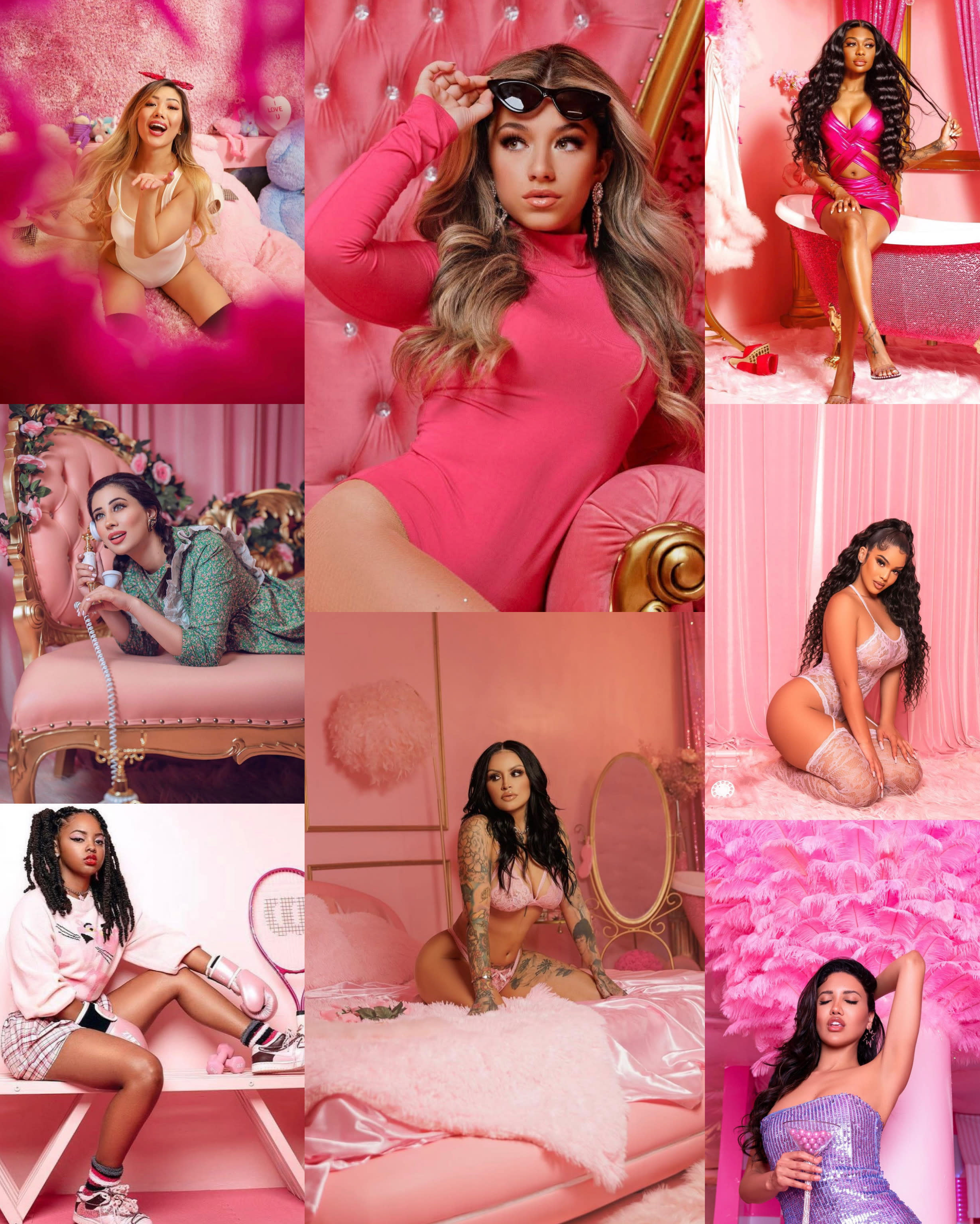 A model poses on a bench while holding a pink kettlebell in a pink-themed room with a tennis racket and weights nearby.