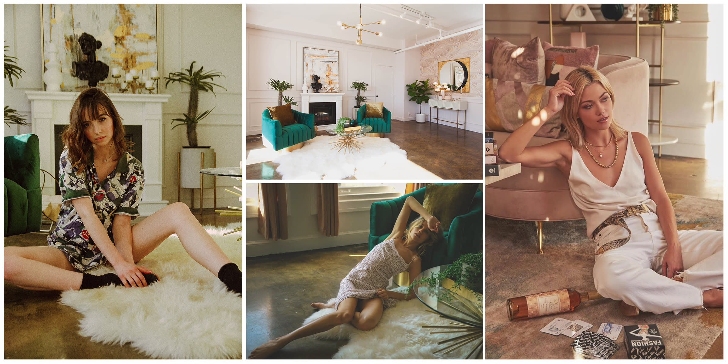 A woman poses confidently in a stylish outfit during a photoshoot in a modern setting.