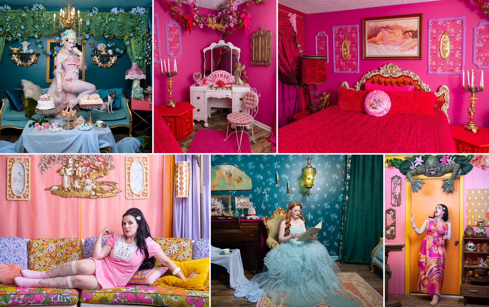 A performer poses in a colorful dress with a playful expression in front of a vibrant backdrop.