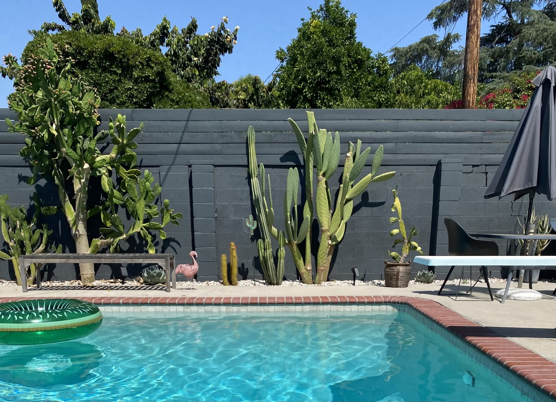 A person in a swimsuit is diving off a diving board into a swimming pool in a backyard setting.