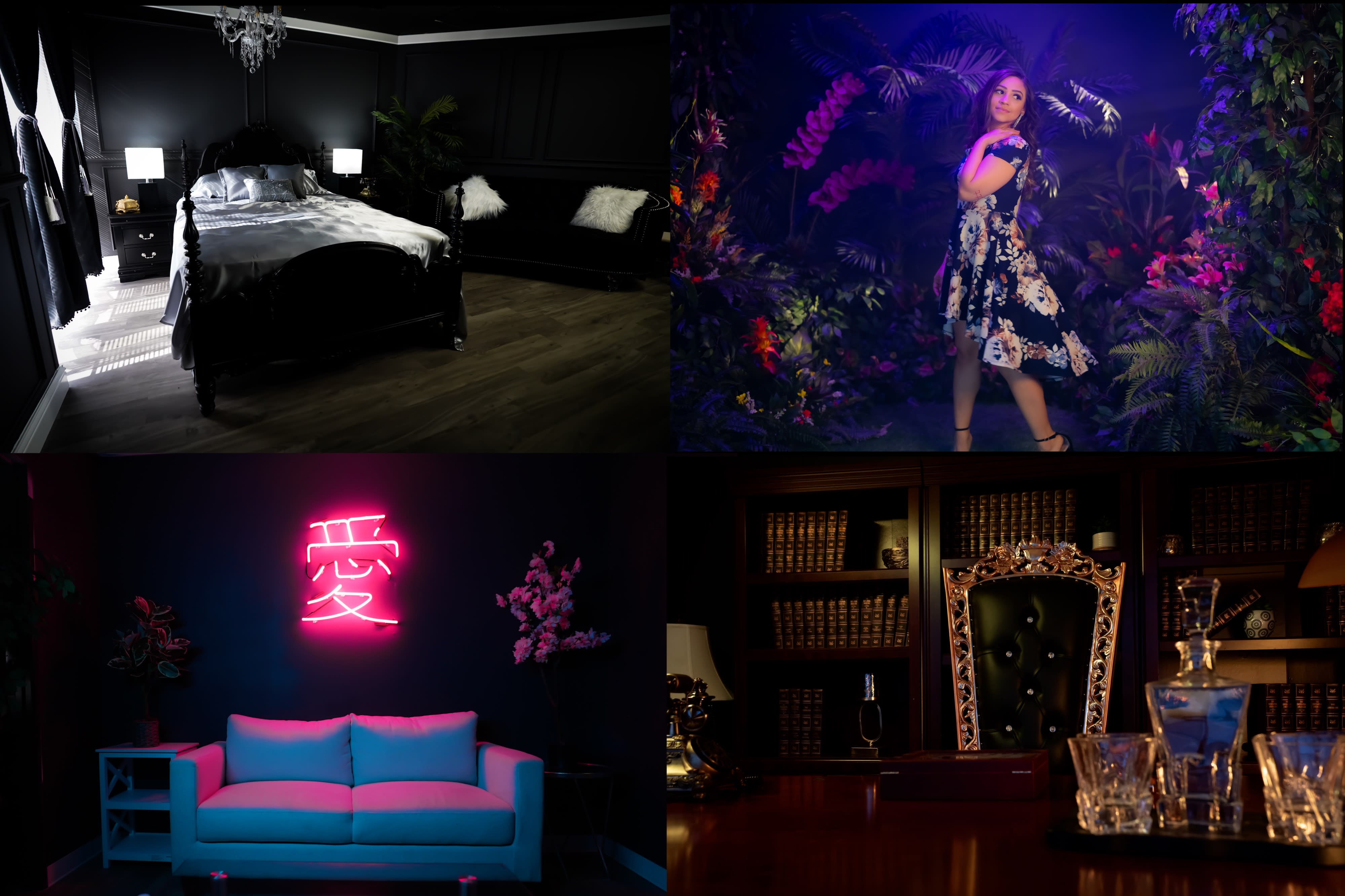 The model poses on a couch in a brightly lit room with neon signs, featuring a playful bunny costume.