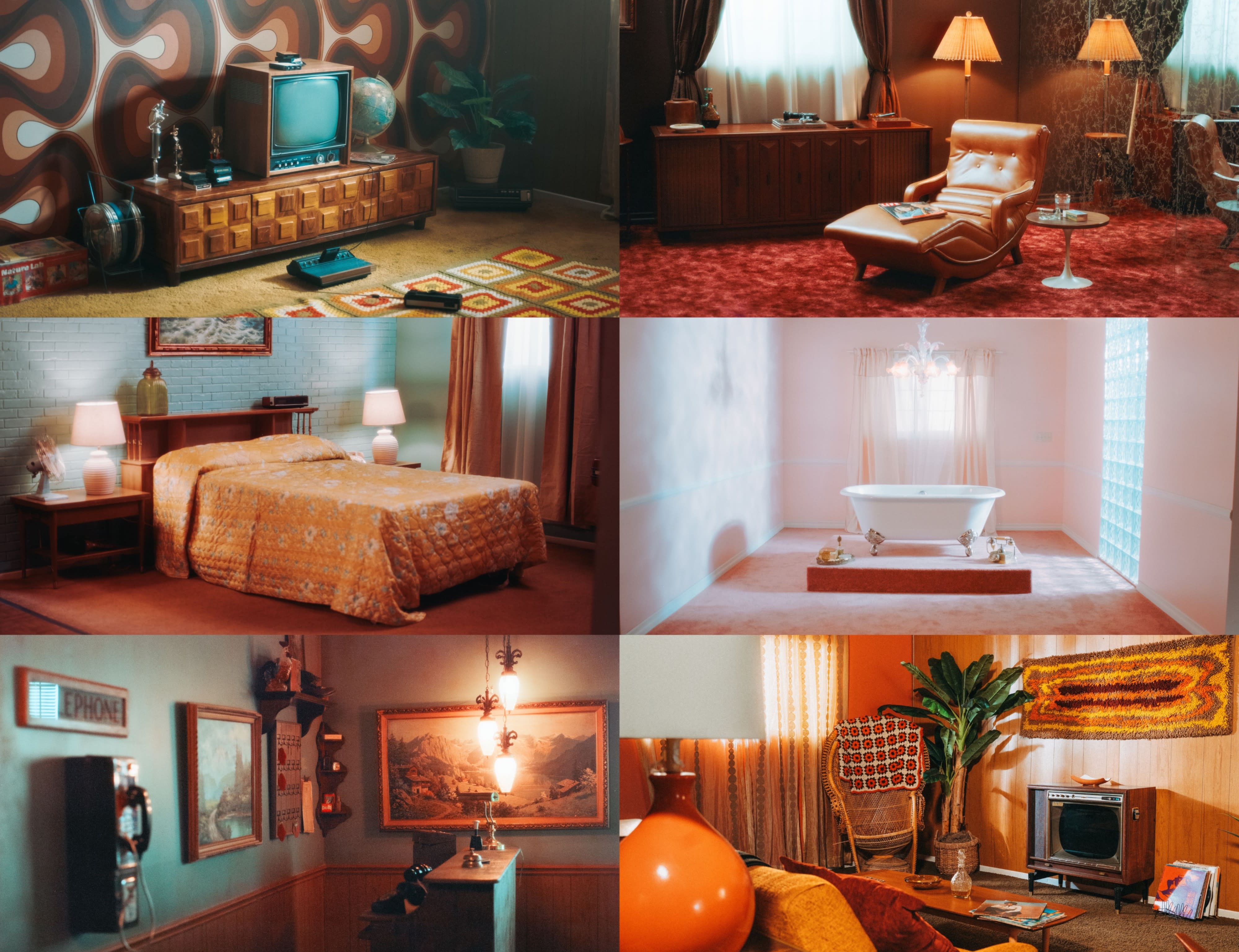 A camera operator films a seated individual in a retro-styled room with a patterned couch and lamps.