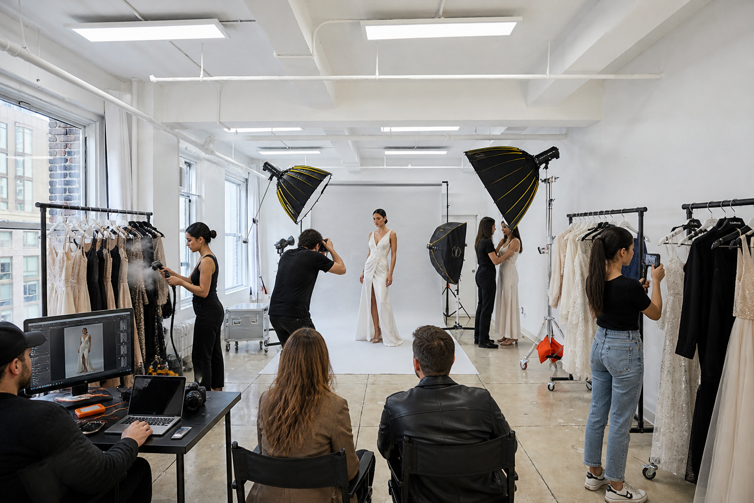 A spacious studio with a large window providing natural light, featuring a plain white backdrop and an empty floor.