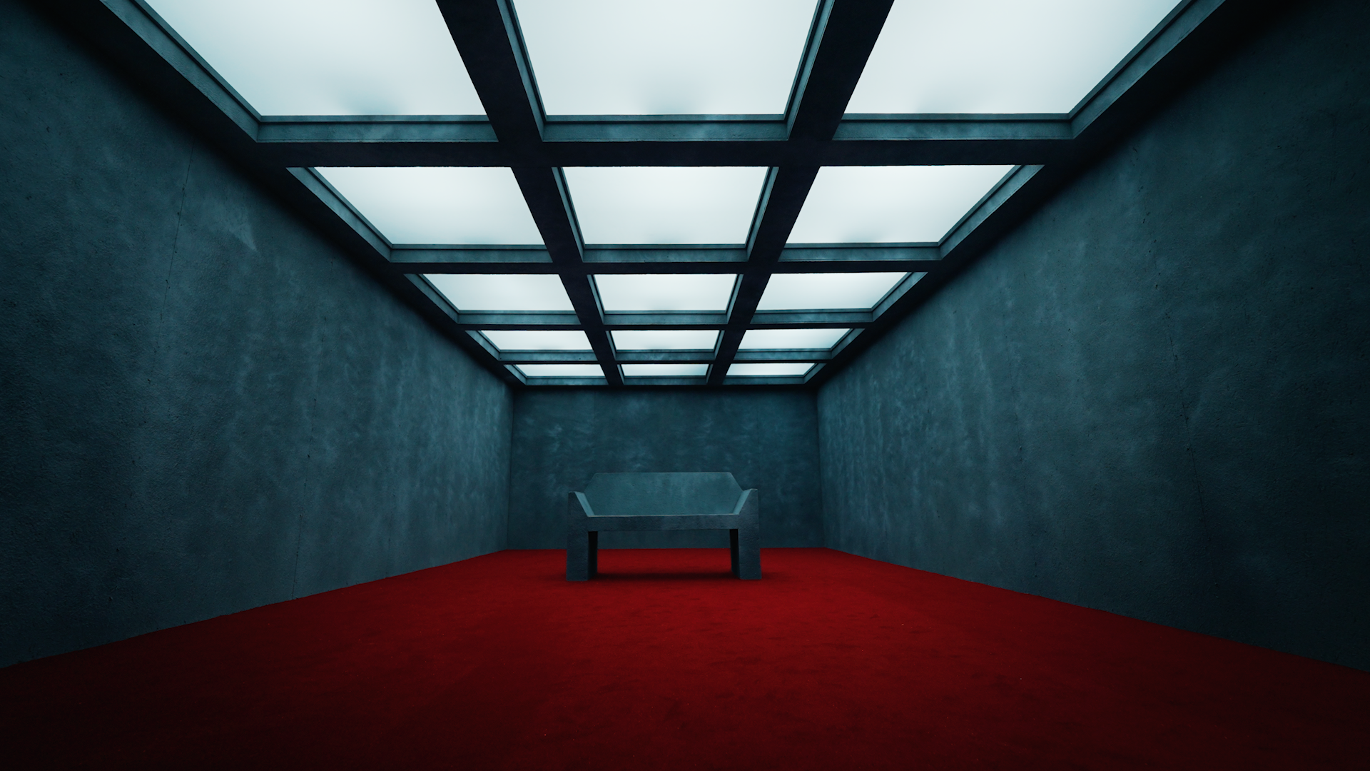 A figure in a black outfit crouches on a red carpet, using a device while illuminated by a skylight above.