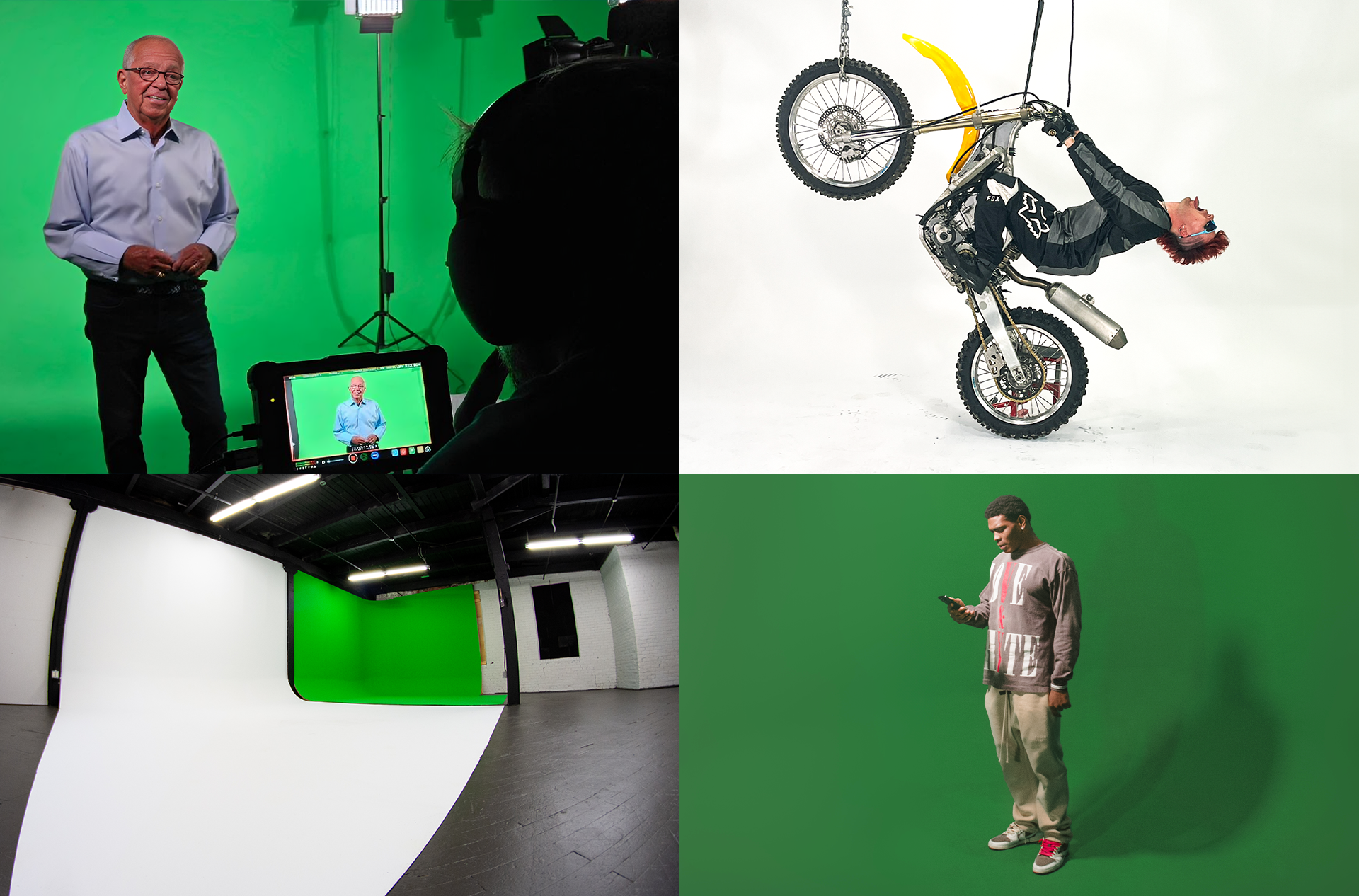 Two men pose for a video shoot in front of a green screen.