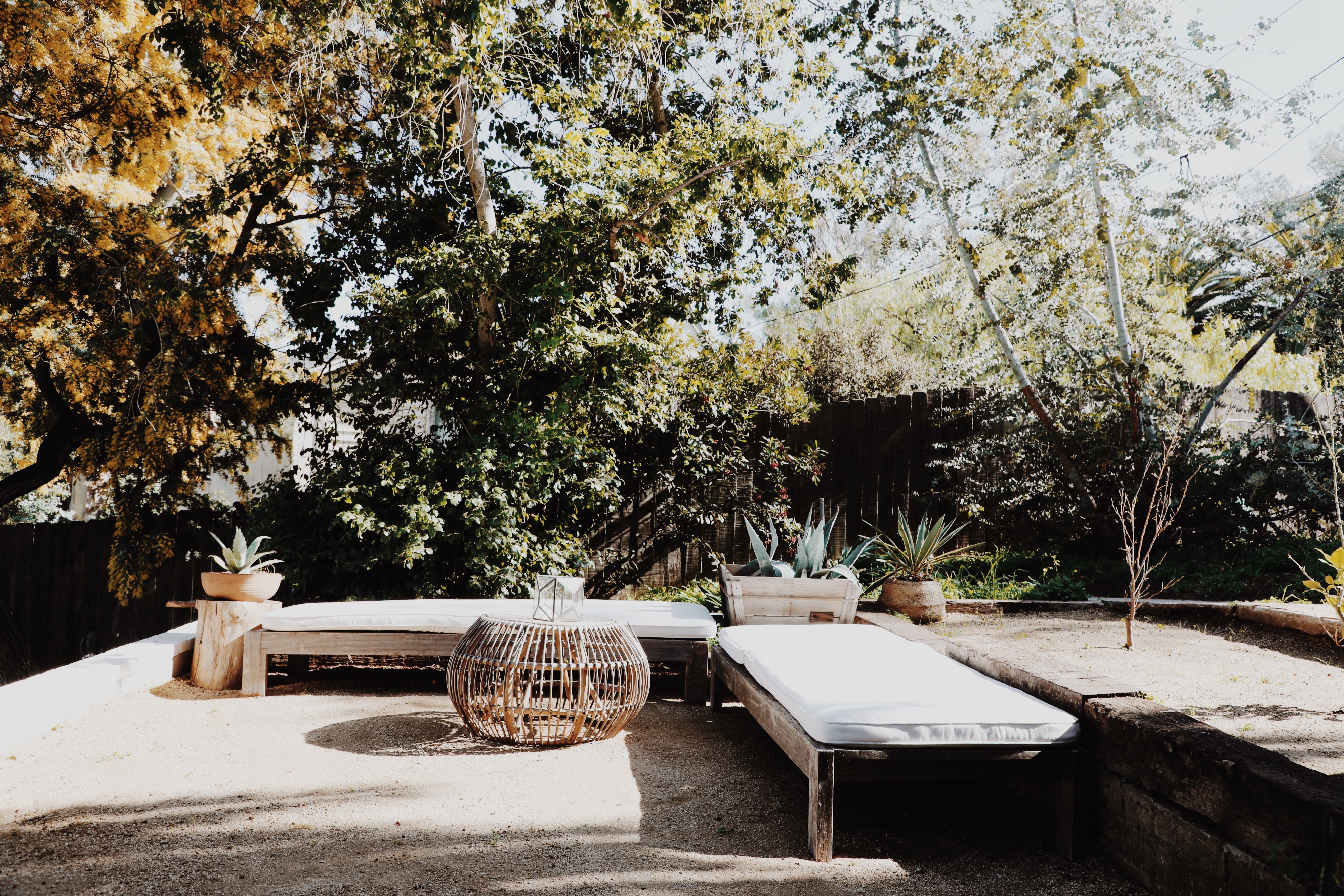 A photographer captures a model lounging on a wooden chaise, set in a garden with stones and plants in the background.