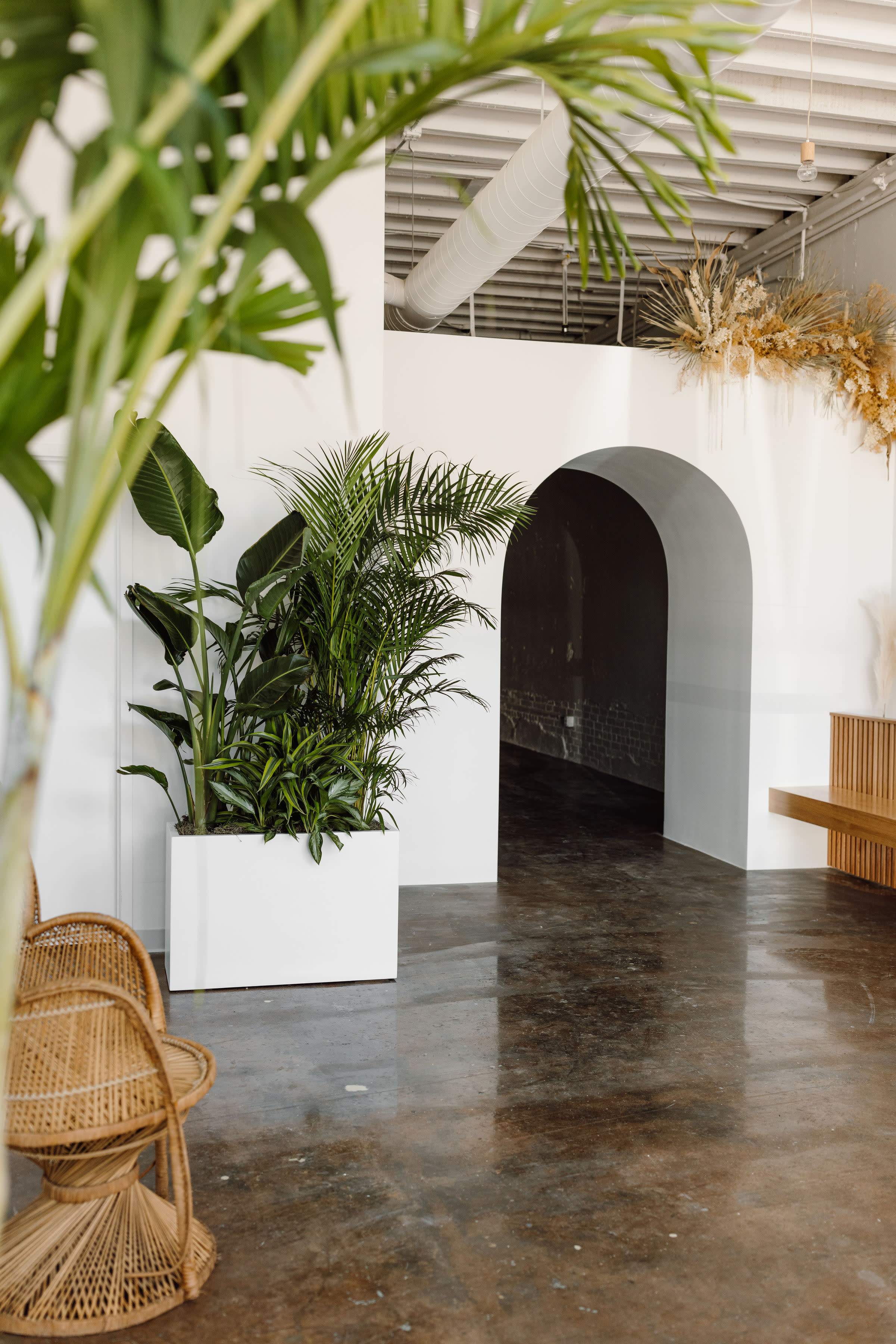 A graduation party is set up in a spacious room with long wooden tables and minimal decorations, while attendees chat and enjoy refreshments.