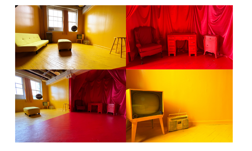 A person wears a colorful shirt and red sneakers while striking a confident pose on a yellow sofa during a video shoot.