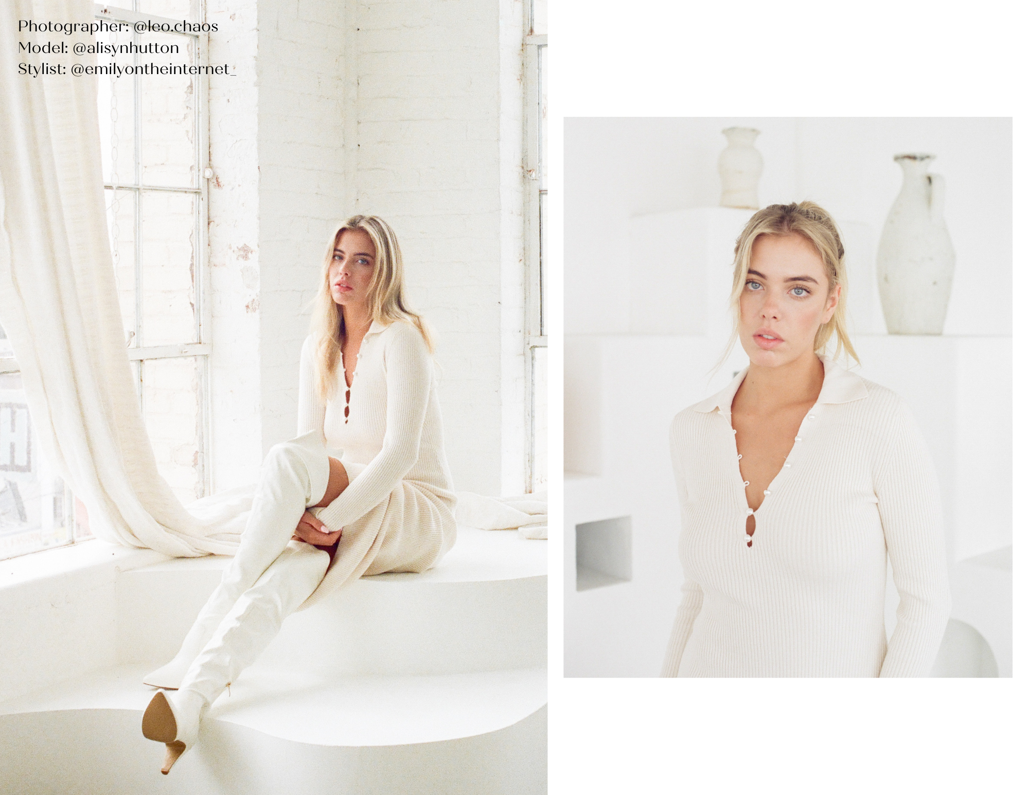 A model poses in soft natural light, sitting on a ledge with large windows in the background.