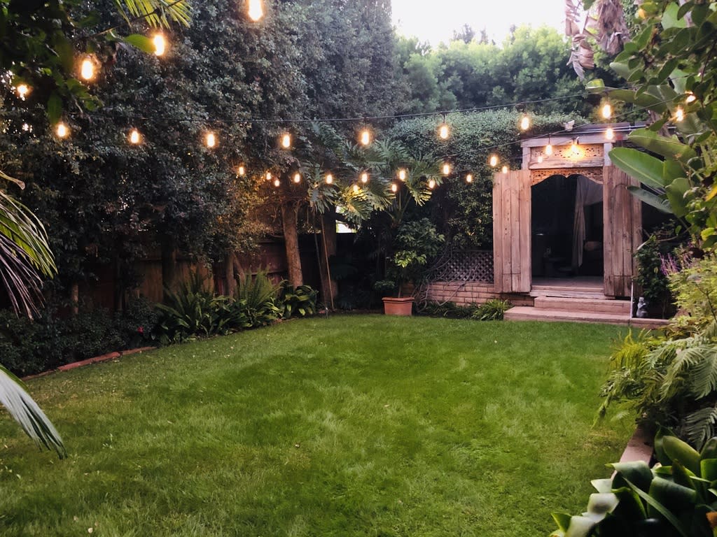 People are lounging on blankets and cushions in a garden setting, while one person stands and addresses the group under string lights.