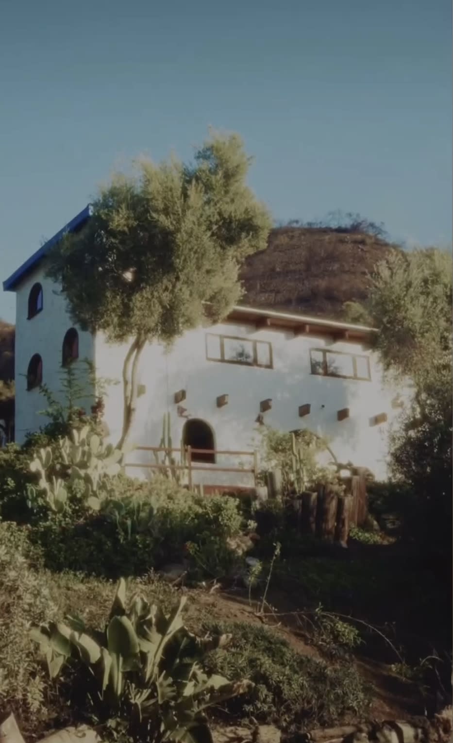 Two women walk hand in hand down a dirt path in front of a rustic building surrounded by greenery and mountains.