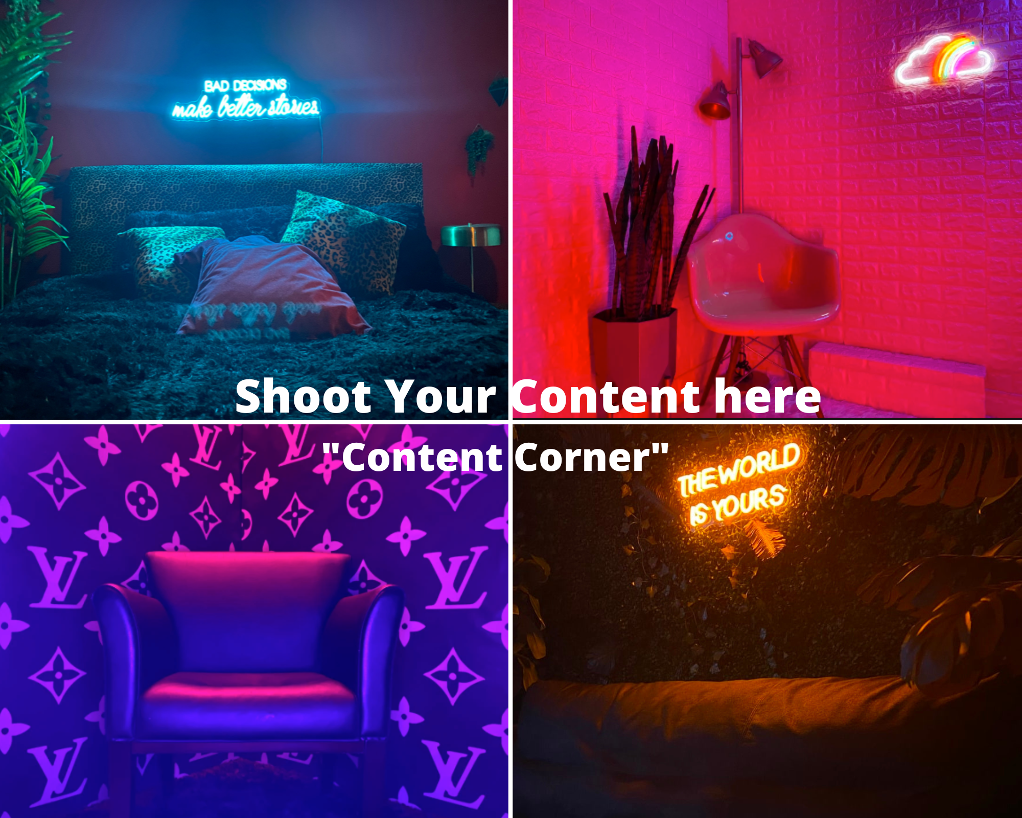 A photoshoot setup features a bed with dark bedding and decorative pillows, surrounded by studio lights in a red-painted room.
