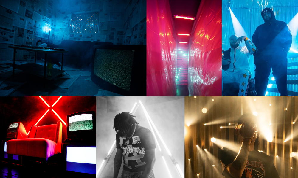 A photoshoot setup features a stark black room illuminated by multiple overhead lights for optimal lighting.