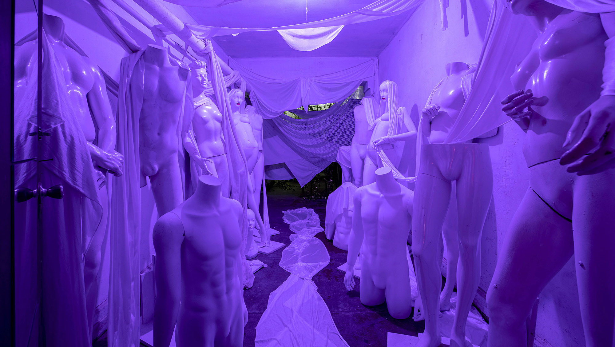 A person dressed as Batgirl poses in a dimly lit room surrounded by masks and photographs, holding a playing card in one hand.