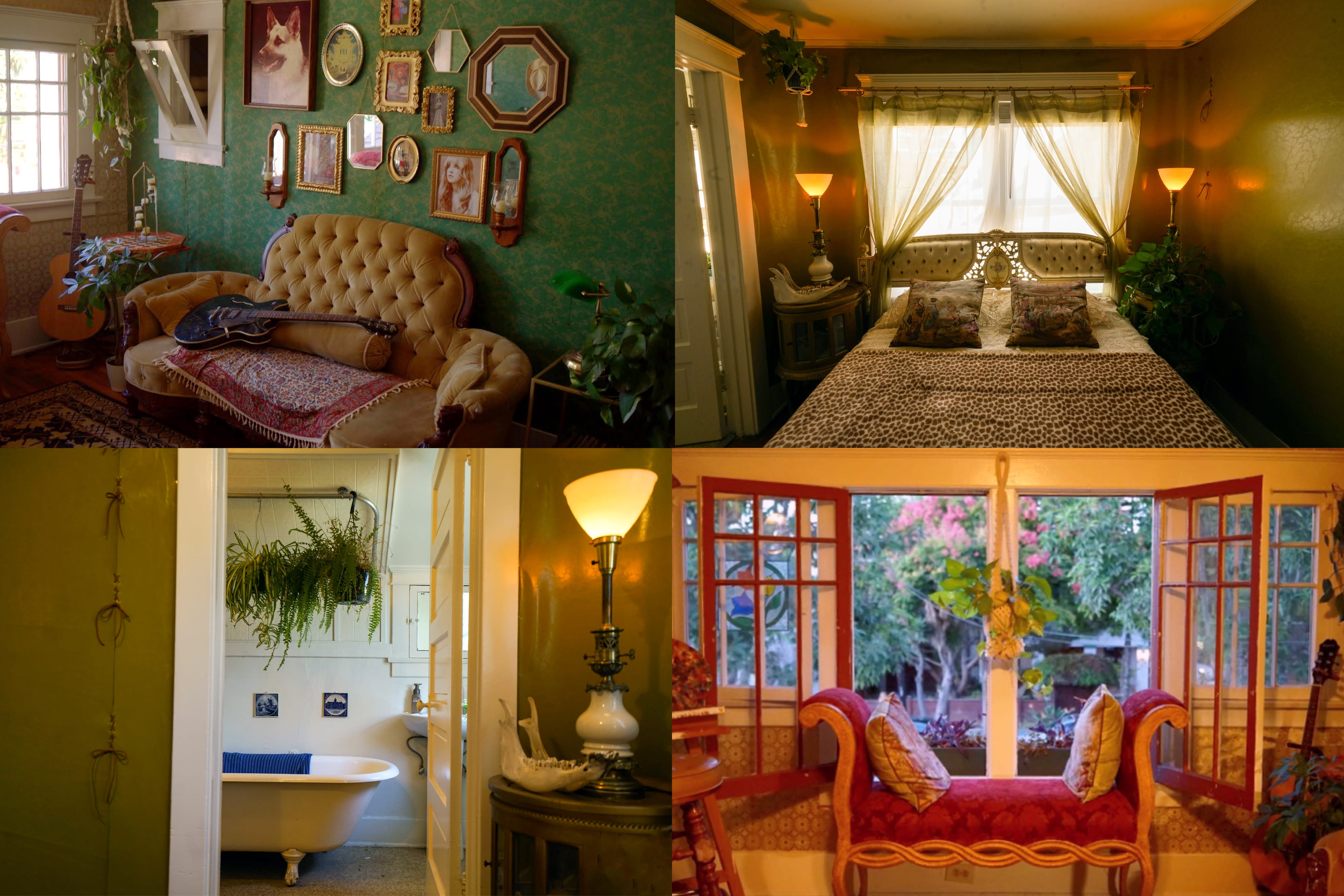 A person reclines in a bathtub surrounded by plants, while a camera captures the scene from another room.