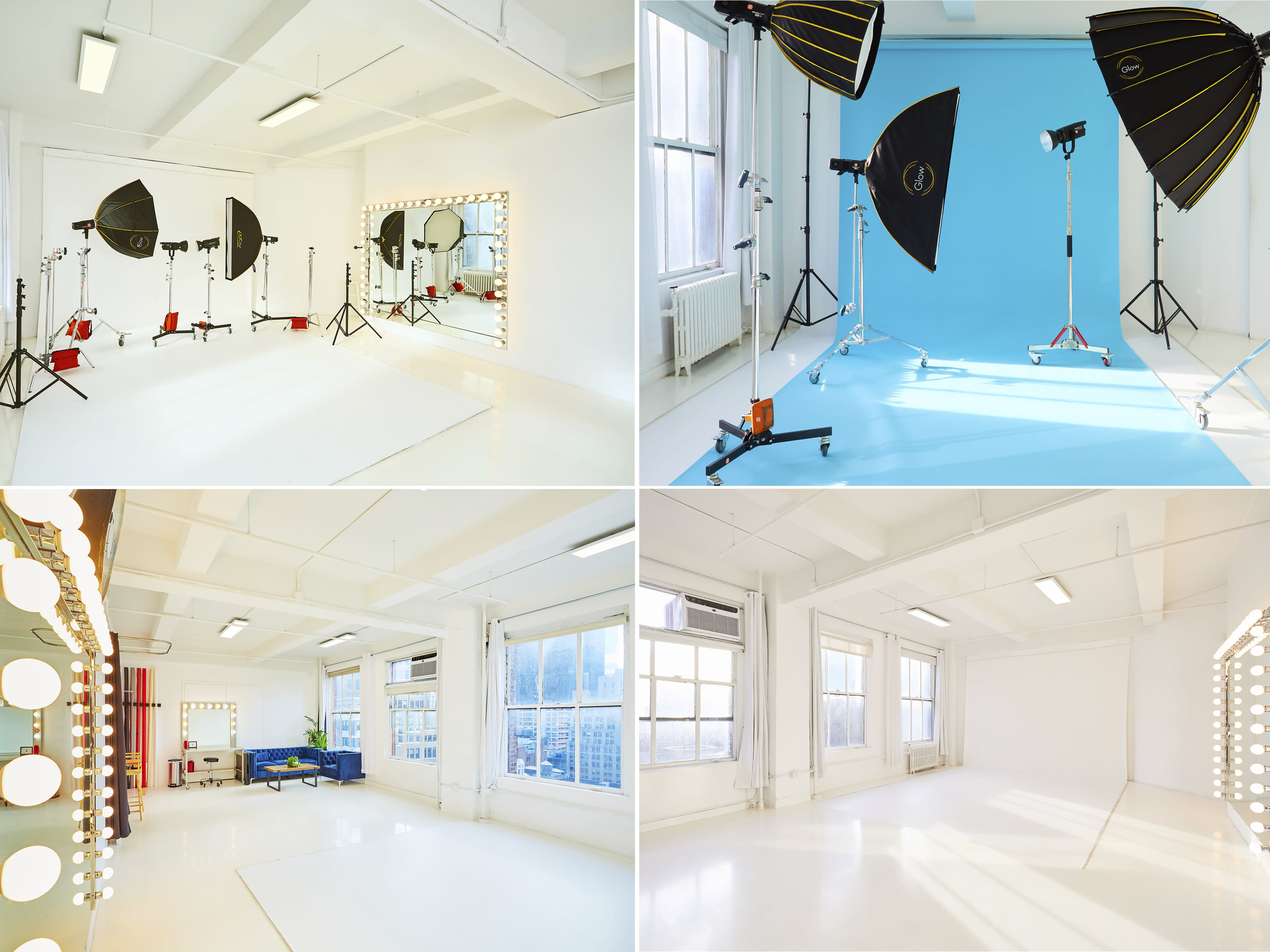 A model poses for a photoshoot while a stylist applies makeup in a well-lit studio setup.