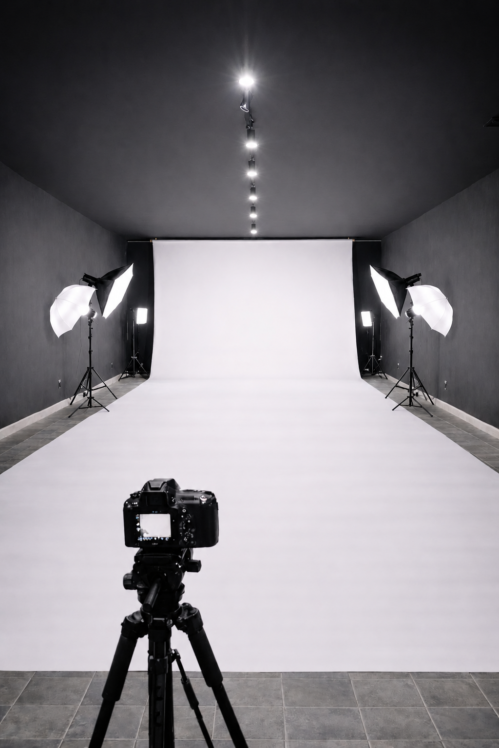 The image shows a camera set up on a tripod facing a plain backdrop, flanked by two softbox lights.