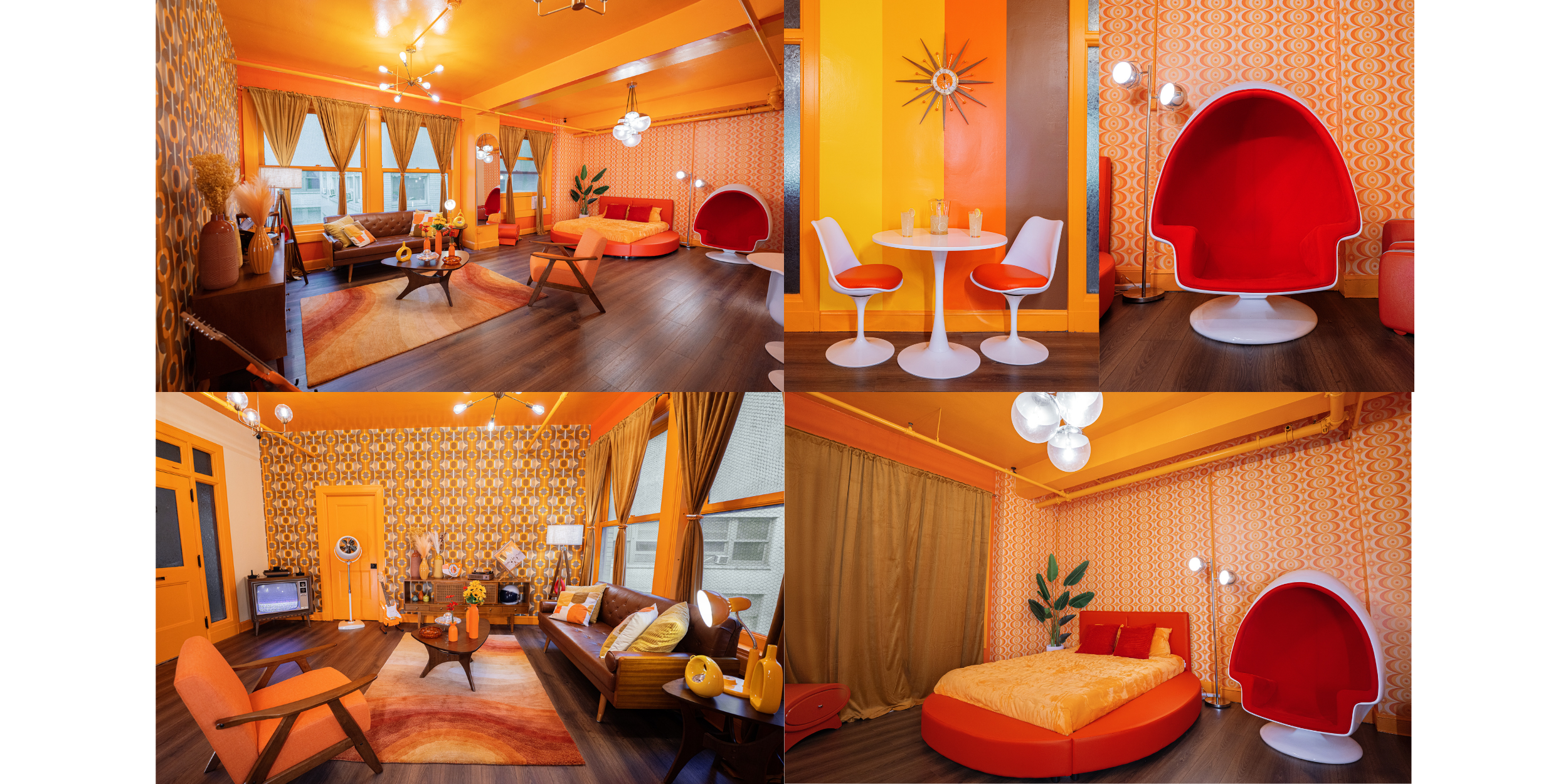 A model poses on an orange bed while holding a vintage camera in a brightly patterned room.