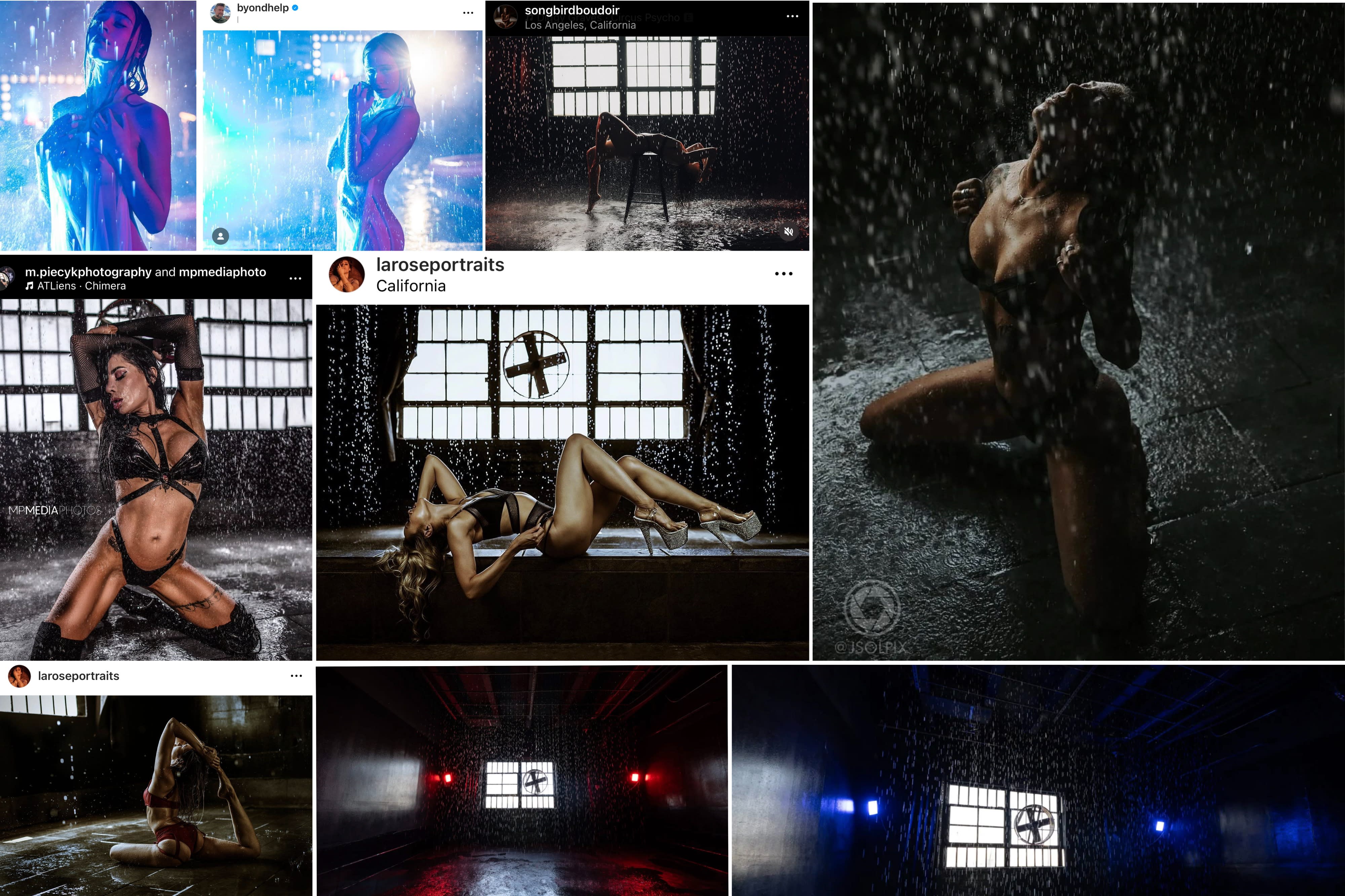 A dancer performs a stretching pose under cascading water in a dimly lit environment.