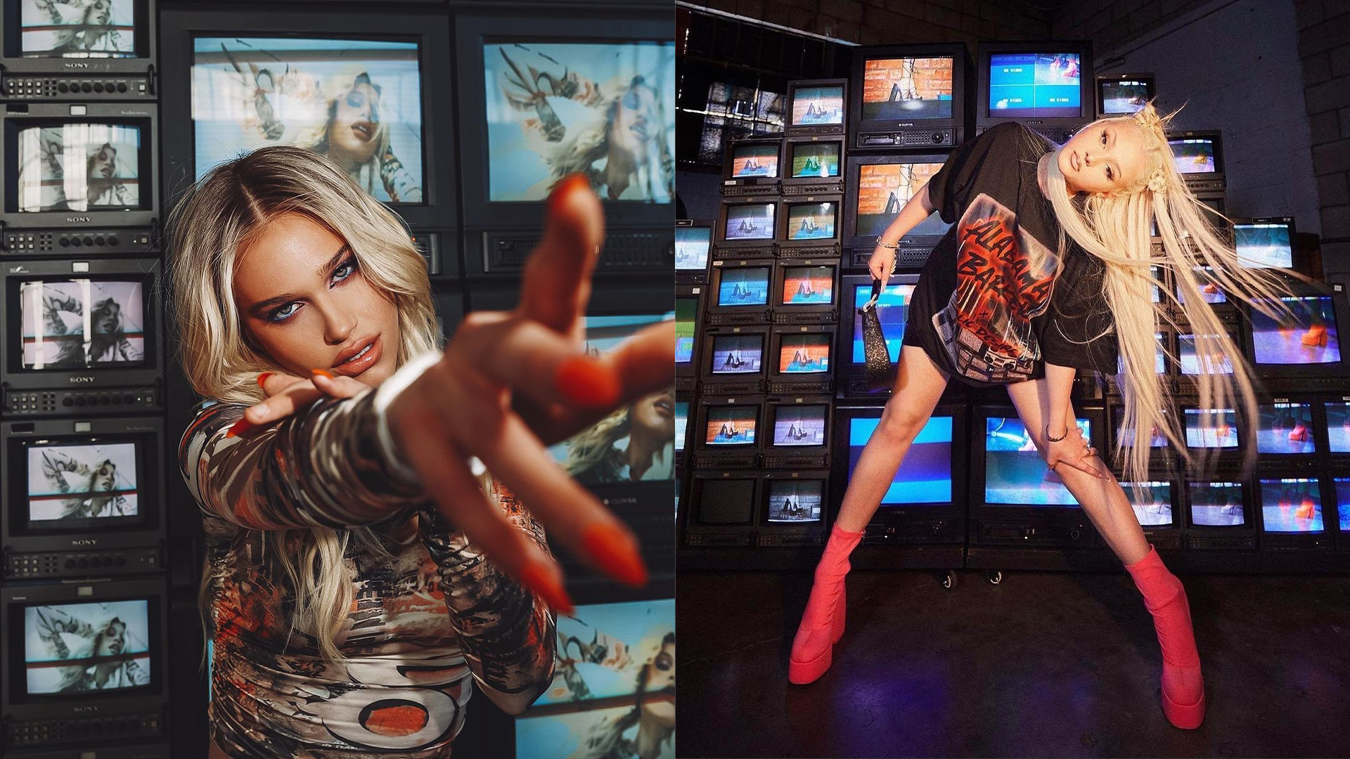 A model wearing a crown stands in front of a backdrop of vintage televisions during a video shoot.