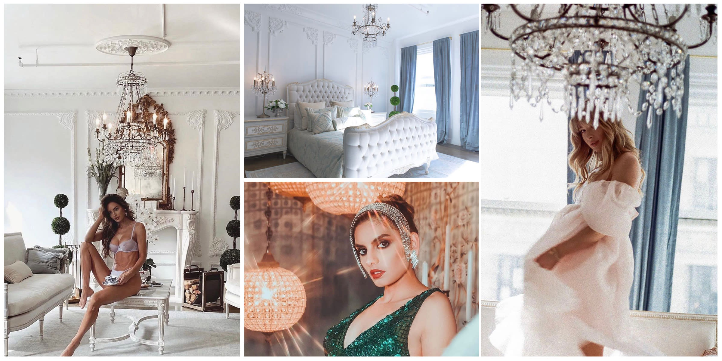 A model poses in lingerie beside an ornate dresser in a well-decorated room.