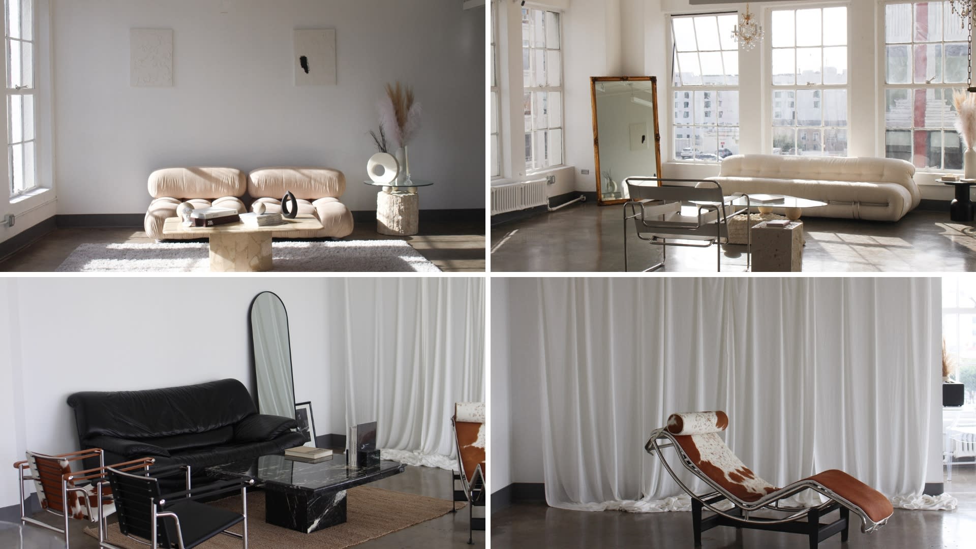 The image shows a spacious, brightly lit studio with large windows, featuring modern furniture and a decorative rug, set up for a photoshoot.