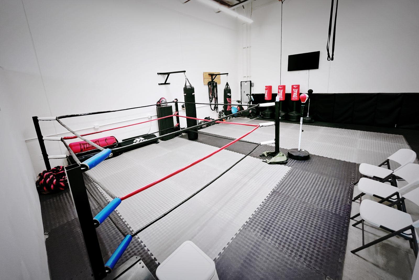 A martial artist performs a high kick in a training ring, emphasizing agility and strength.
