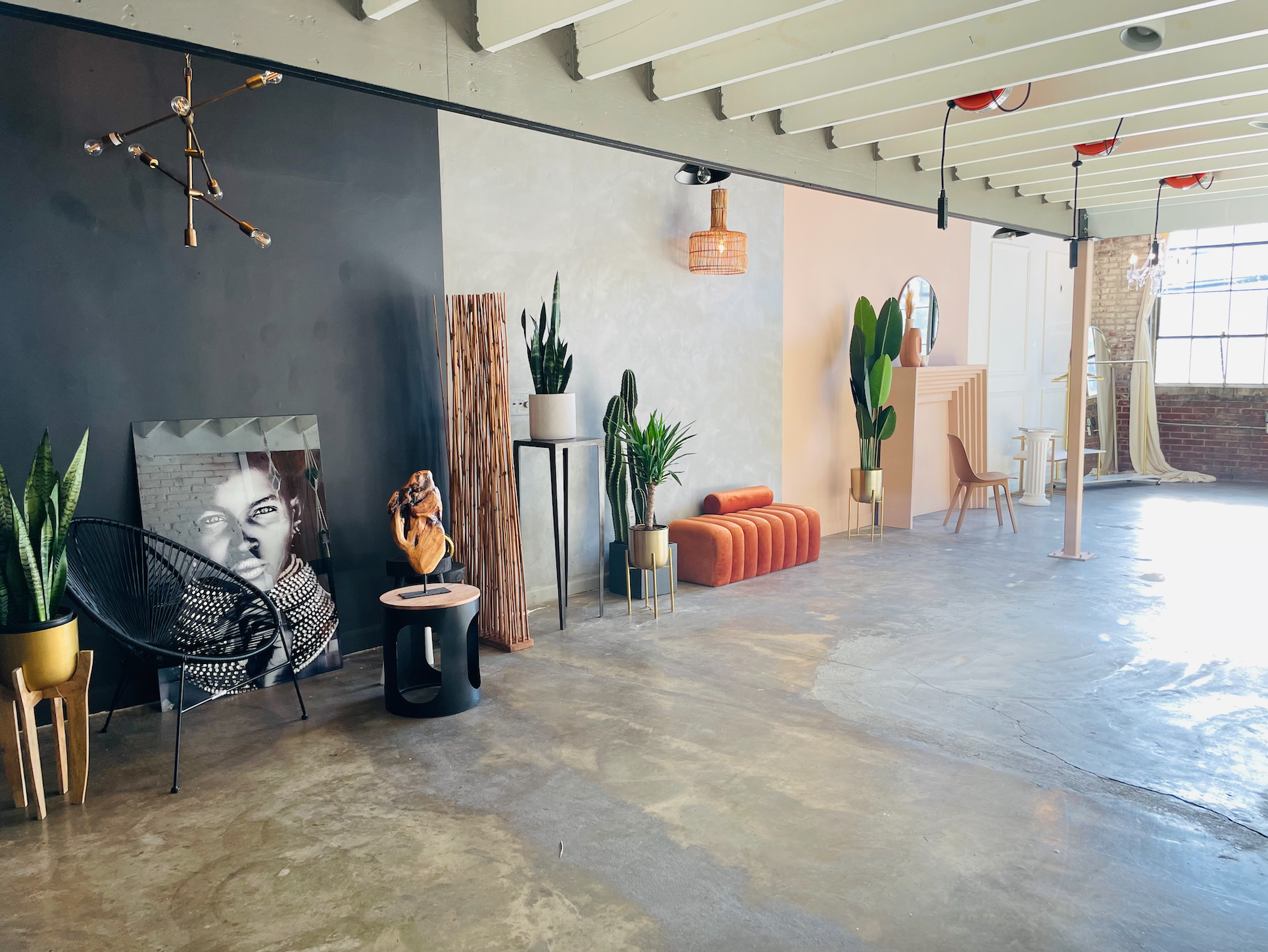 A woman sits on a velvet couch in a modern setting, surrounded by plants and artwork.