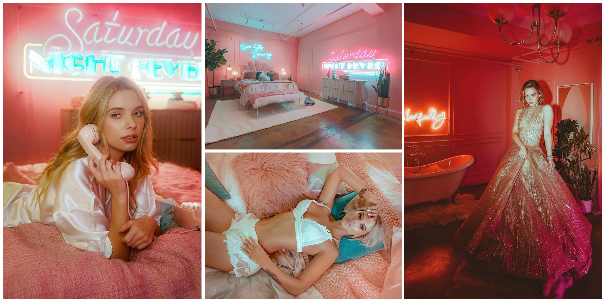 A couple sits together on a plush rug near a bathtub, celebrating a birthday with drinks and a vibrant neon backdrop.