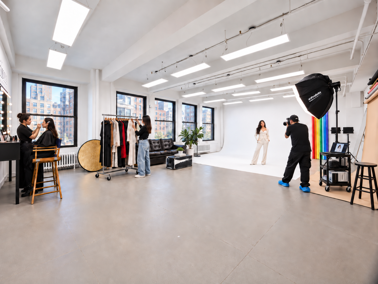 The image shows a photo shoot setup in a spacious studio, featuring a backdrop, lighting equipment, and a comfortable sofa near the windows.