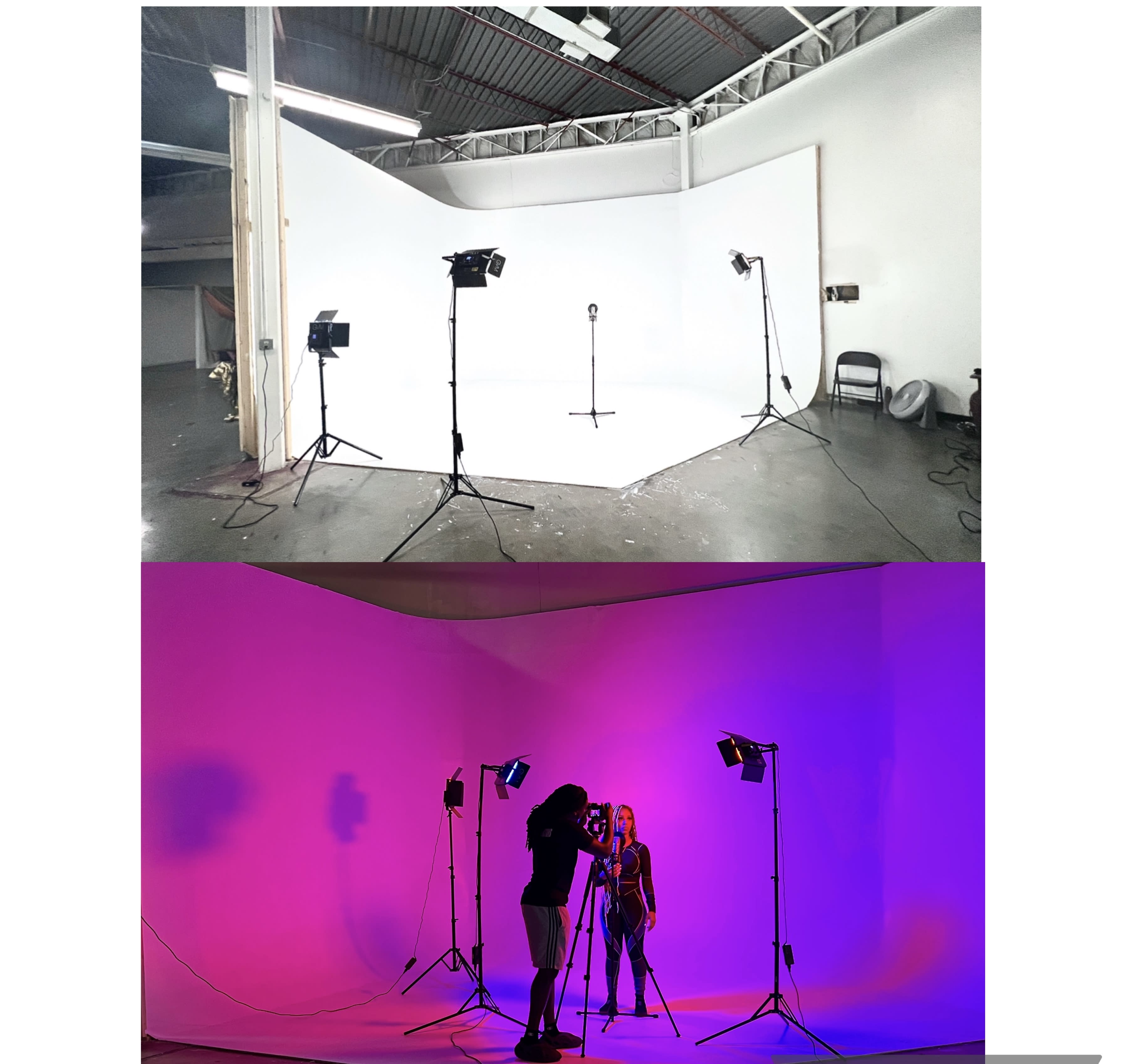 A model sits on a pedestal in a studio while a crew member uses a camera to capture the scene illuminated by projected butterfly images.
