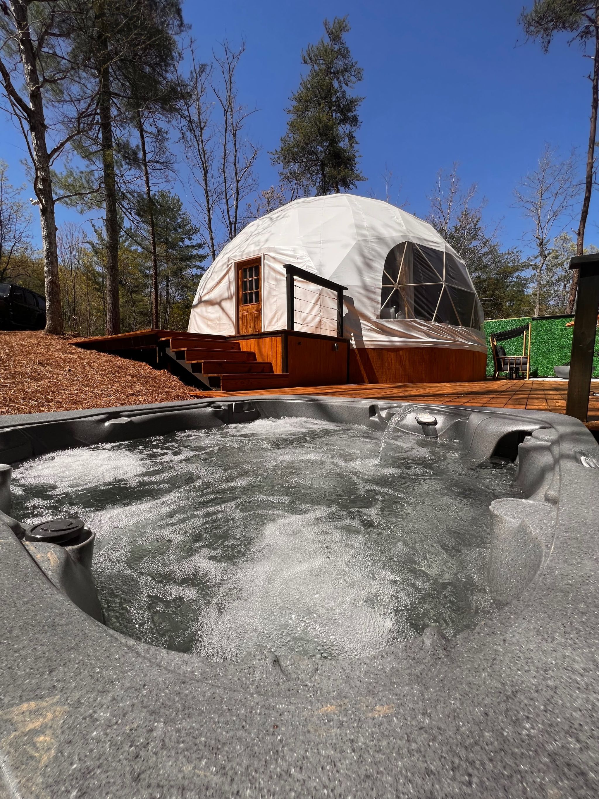 Glamping Geodesic Dome with Large Movie Theater Deck Hottub in Wooded  Mountains, Mineral Bluff, GA, Production