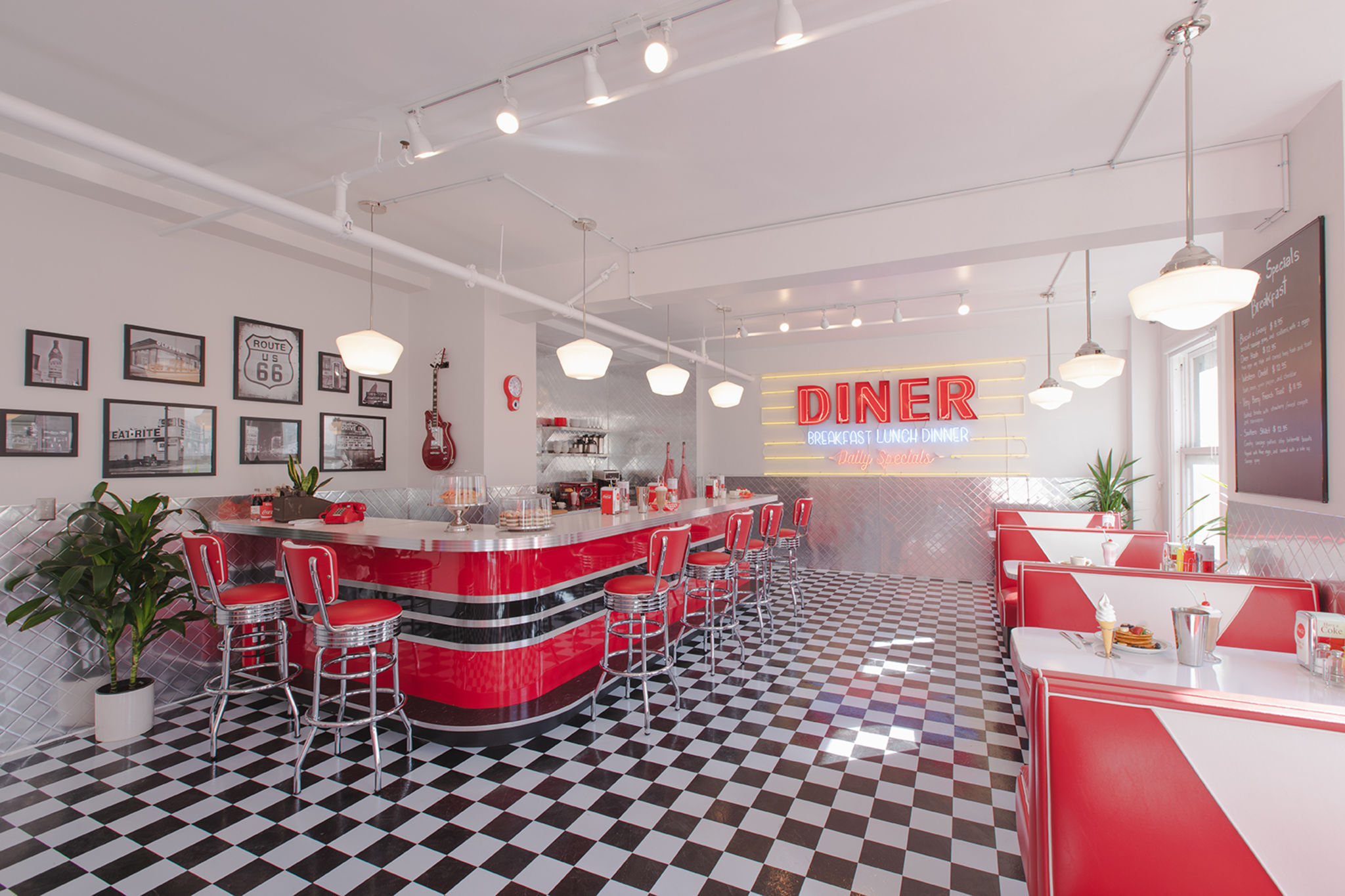 Spacious Downtown Sun Drenched 50s Retro Neon Diner Restaurant Cafe Studio  with New York Style City View DTLA, Los Angeles, CA | Production | Peerspace