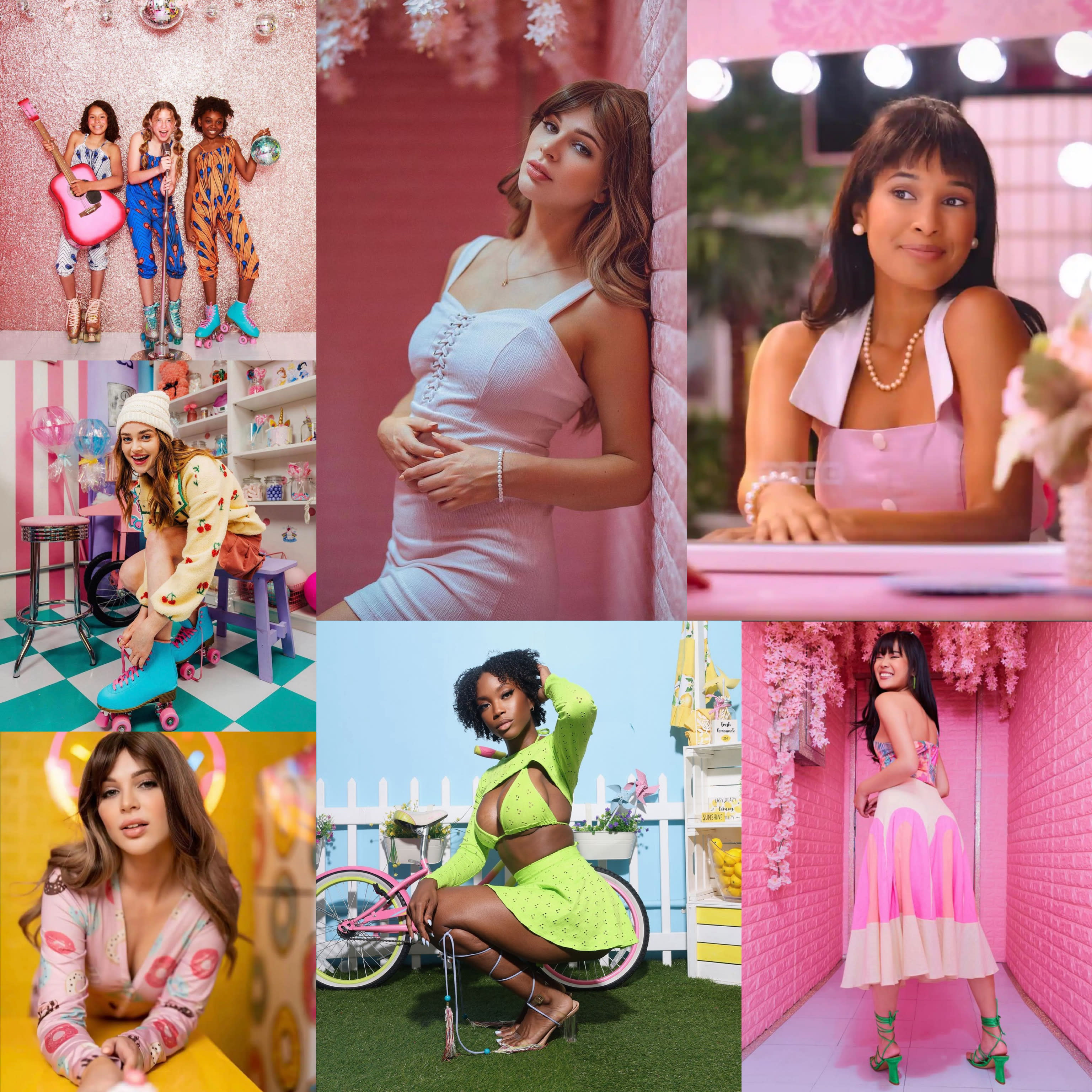A woman in a pink outfit sits on a chair, talking on a vintage telephone in a colorful salon setting.